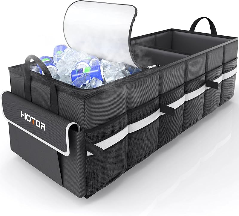 Organizador de maletero HOTOR - Organizador de auto con refrigerador de auto integrado a prueba de fugas | Organizador de maletero plegable con refrigerador para automóvil, SUV, sedán, con panel base, 3 compartimentos, negro, 31.9" x 12.6" x 10.6"