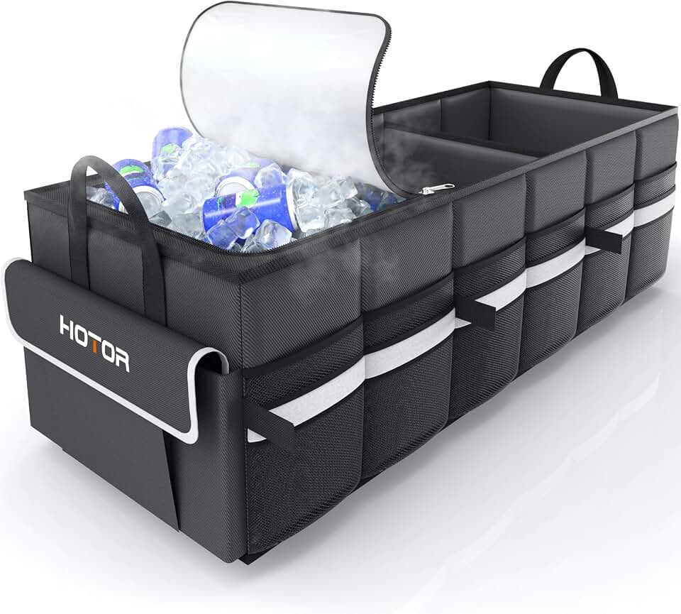 HOTOR Trunk Organizer - Car Organizer with Built-In Leakproof Car Cooler | Collapsible Trunk Organizer with Cooler for Car, SUV, Sedan, with Base Panel, 3 Compartments, Black, 31.9" x 12.6" x 10.6"