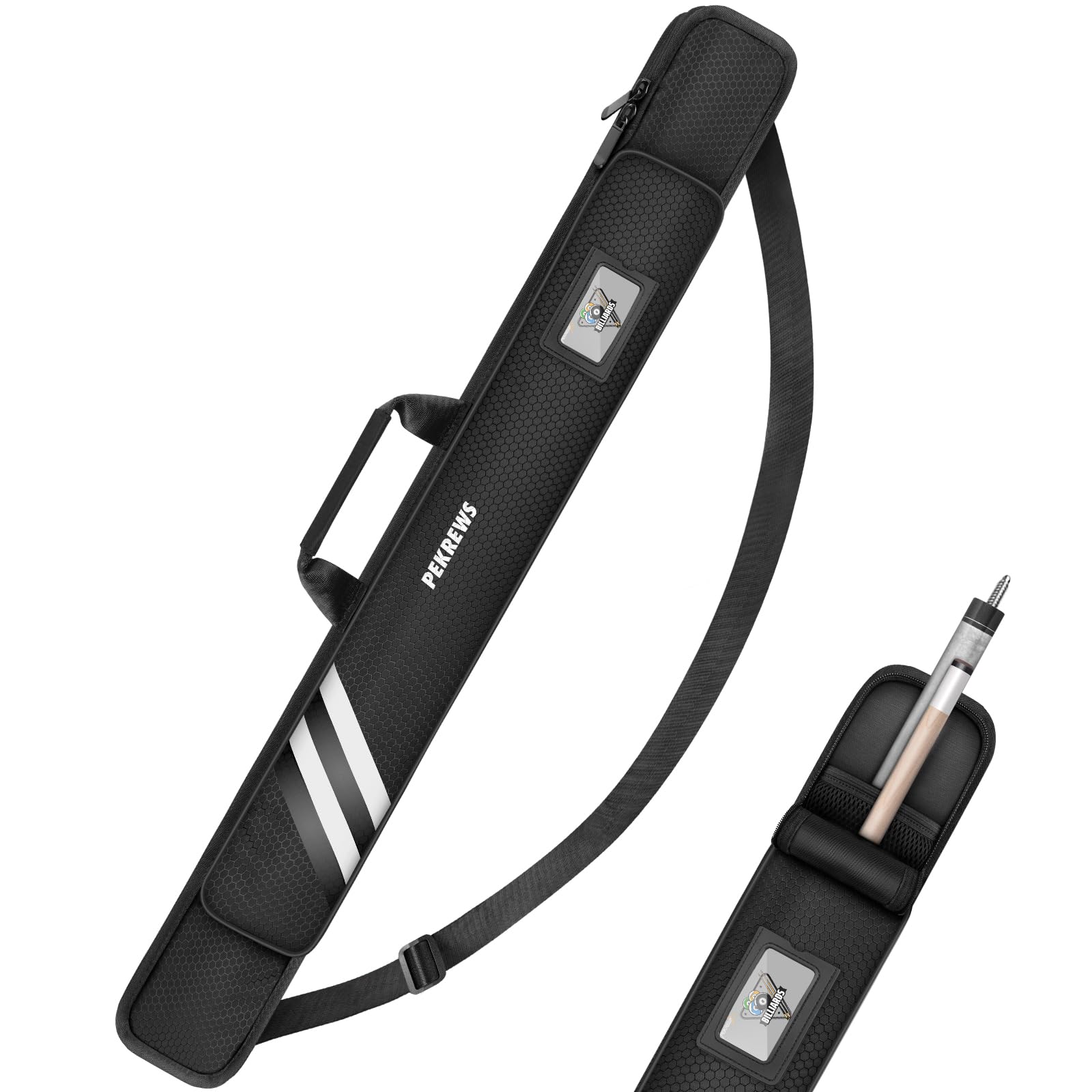 PEKREWS Funda para tacos de billar, funda para palo de piscina 1 x 1 con capacidad para 1 trasero y 1 eje con 1 bolsillo con cremallera para accesorios, bolsa de poliéster resistente con asa de correa