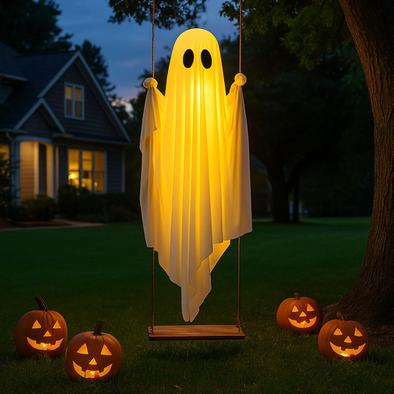 Halloween Deko Geister Hängend, 100CM Geist Deko mit Lichterkette Hängende Schaukel Geister mit Fernbedienung Halloween Deko Outdoor Gespenst mit Led Lichter Gruselige Ghost für Veranda Hof Baum (A)