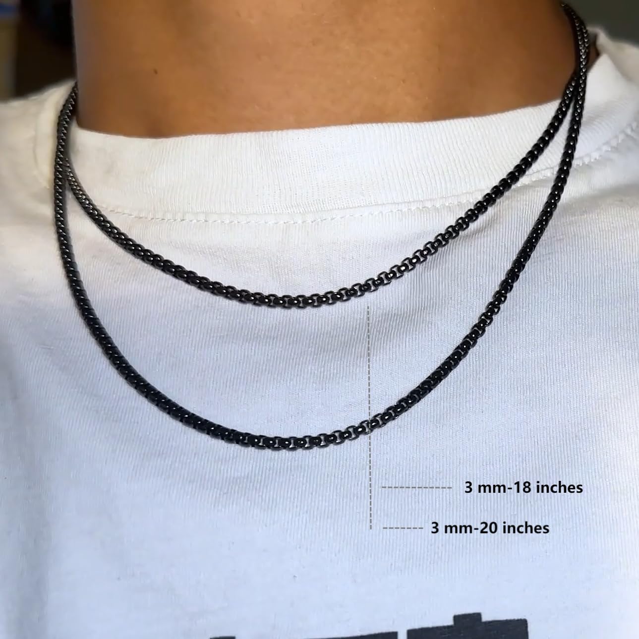 Black Square Rolo Chain Stainless Steel Round Box Chain Necklace Men Women - Image 2