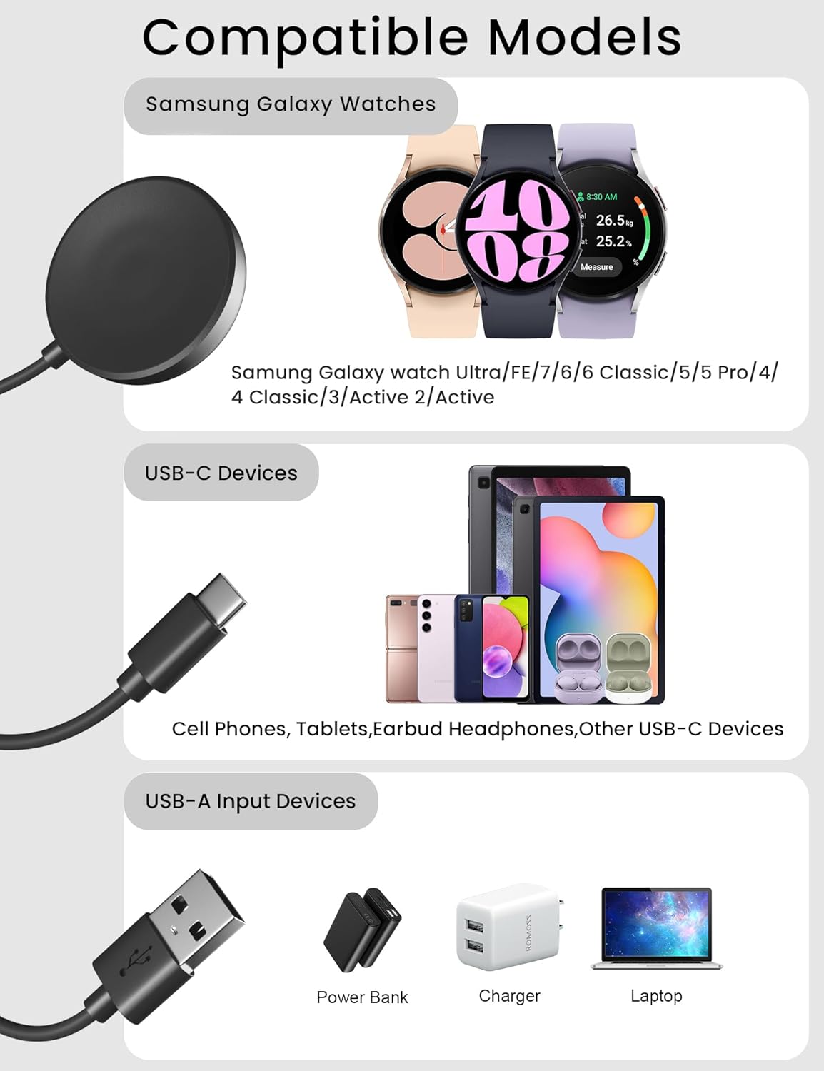 Bicmice Charger Compatible with Samsung Galaxy Watch 7/Ultra/FE/6/6 Classic/5 Pro/4 Classic/3/Active 2/Active 2 in 1 USB to USB C Charger Cable for Galaxy Watch Phone Tablet Earphone etc. image 2 of 7 B0CMQDVC1B