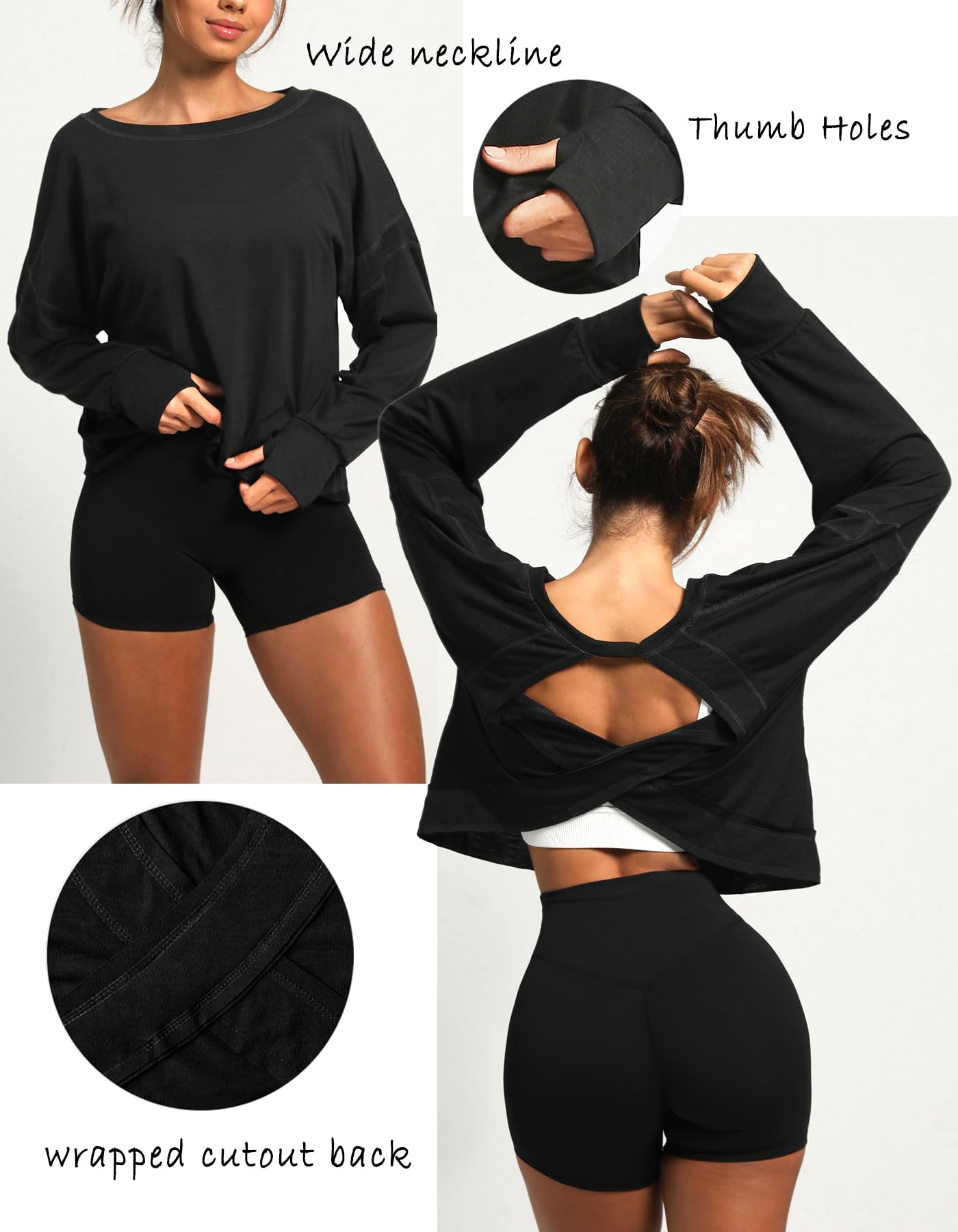 Navneet Damen Sport Oberteile Longsleeve Rückenfrei Langarmshirt Gym Fitness Laufshirt Yoga Outdoor Schwarz M