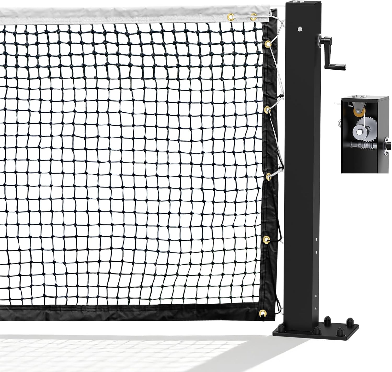 Surface Mount Tennis Net Posts with Heavy Duty Double-Layer Tennis Net, 4'' Square Aluminum Alloy Posts, Unique Built-in Winder Design, ITF Compliant, Sturdy and Durable