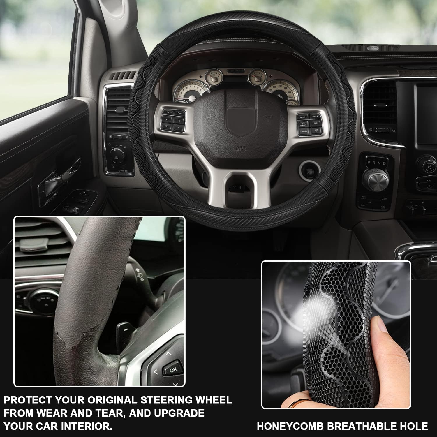 GIANT PANDA Steering Wheel Cover for Dodge Ram 1500 - Car Steering Wheel Covers for Dodge Ram 2500 3500 15.5-16 inch - Gray