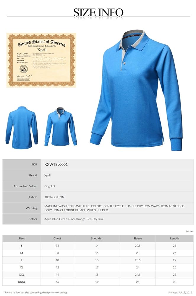 Casual 100% Cotton Long Sleeves 2-Tone Collar Polo Top Aqua