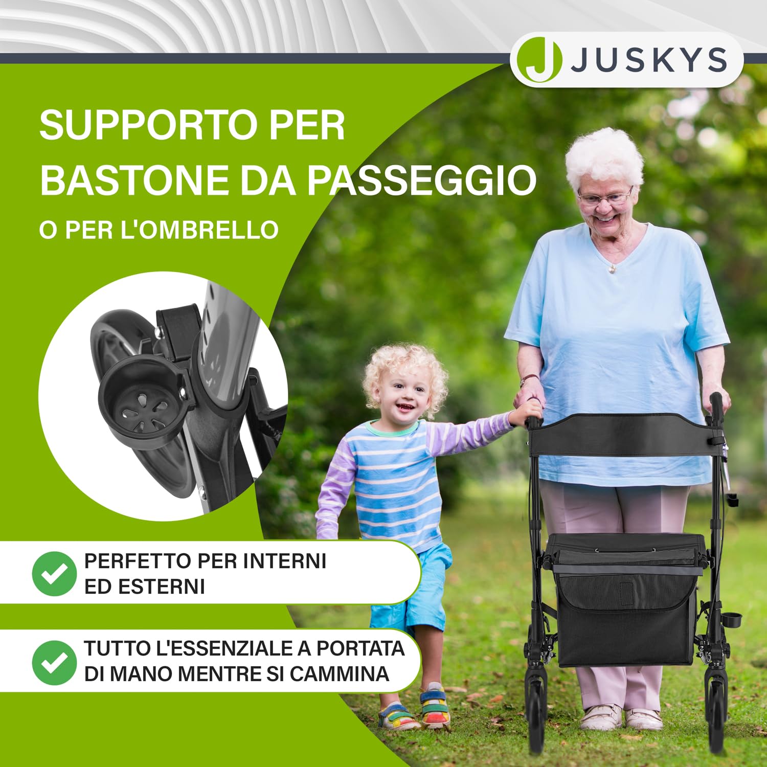 Juskys Rollator Vital nero – Aiuto per la deambulazione pieghevole e leggero in alluminio fino a 130 kg – Supporto per la deambulazione regolabile in altezza con sedile, borsa e supporto per ombrello