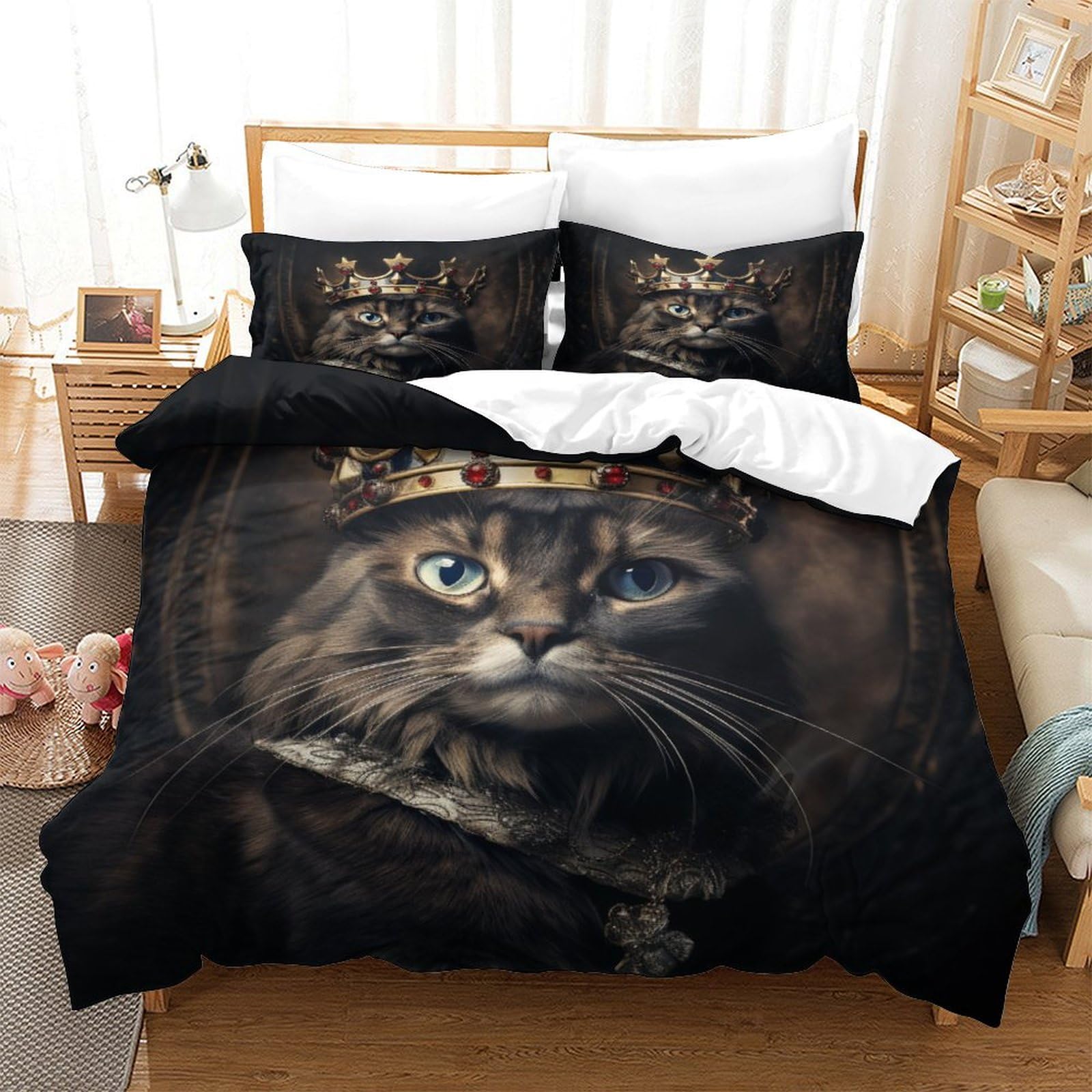 P1S9U7W5Y 3D Printed Crown Cat Duvet Cover Set 3pcs Microfiber Feline Bedding Set King