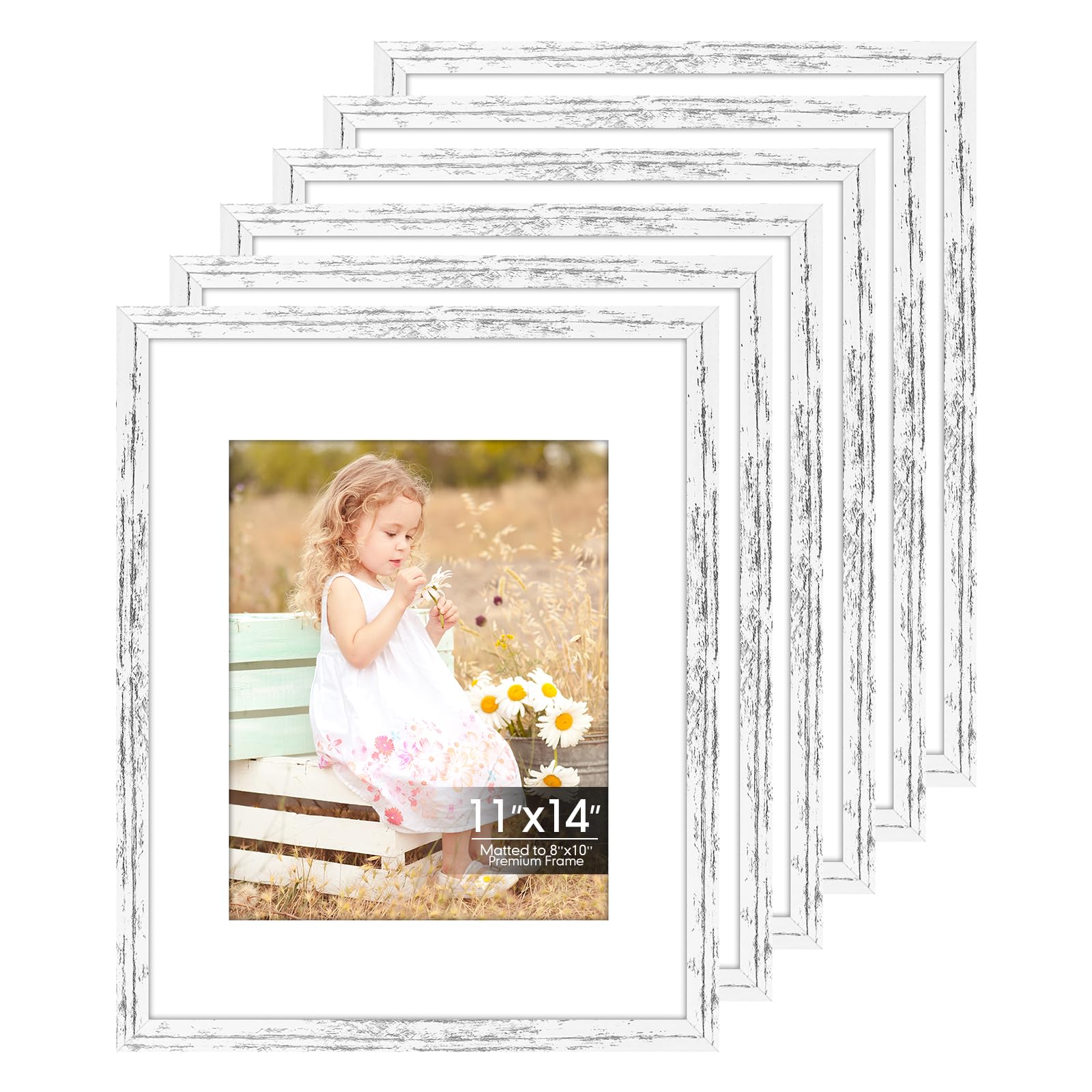 6 Pack 11x14 Frames, Mat for 8x10 Photos, Shatter HD Plexiglass | Removable mat fits two photo sizes, slim frame with stand for horizontal &amp; vertical wall mount