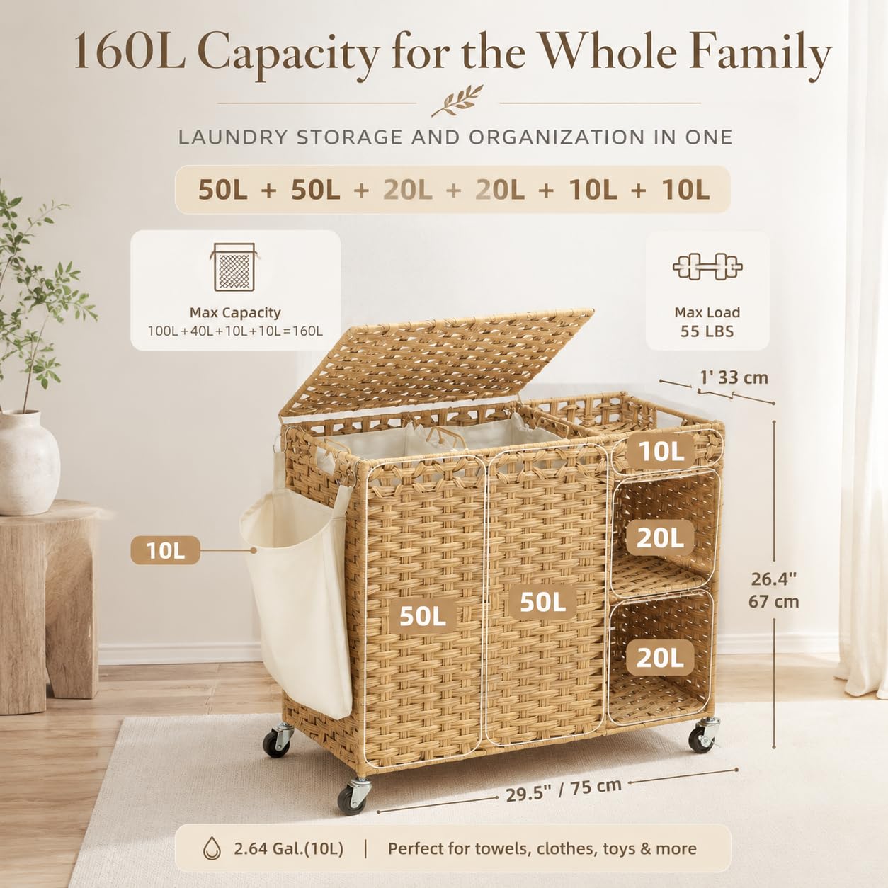 160L Wäschekorb mit Rollen und Regal, Wäschewagen mit Deckel | Handgeflochtener PE-Rattan, Großer Wäschekorb, Wasserfest für Badezimmer, Schlafzimmer und Waschküche