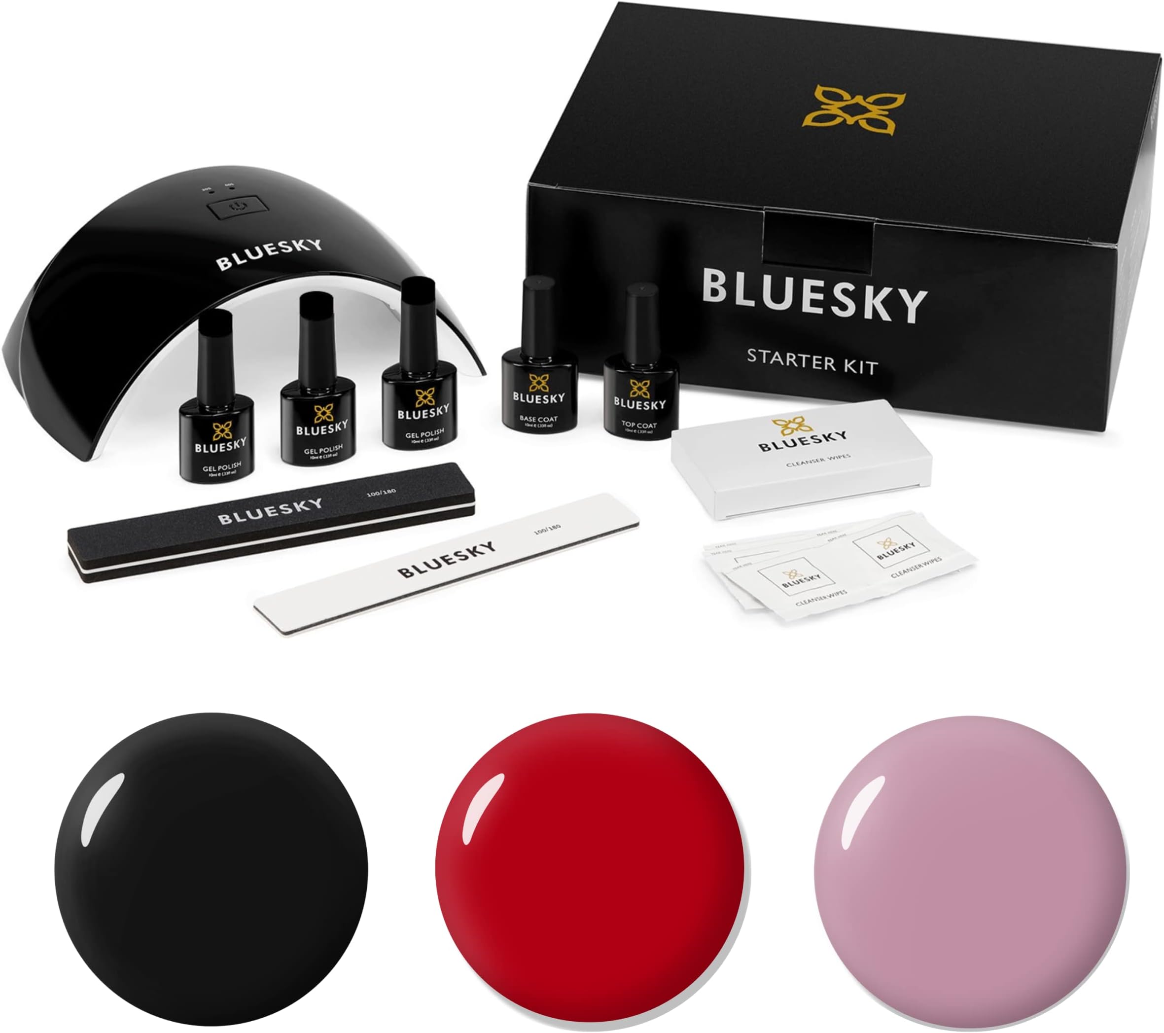 Bluesky Gel Nail Polish Starter Kit - UV LED Lamp, 3 Colors, Cleanser, Base & Top Coat, Nail File