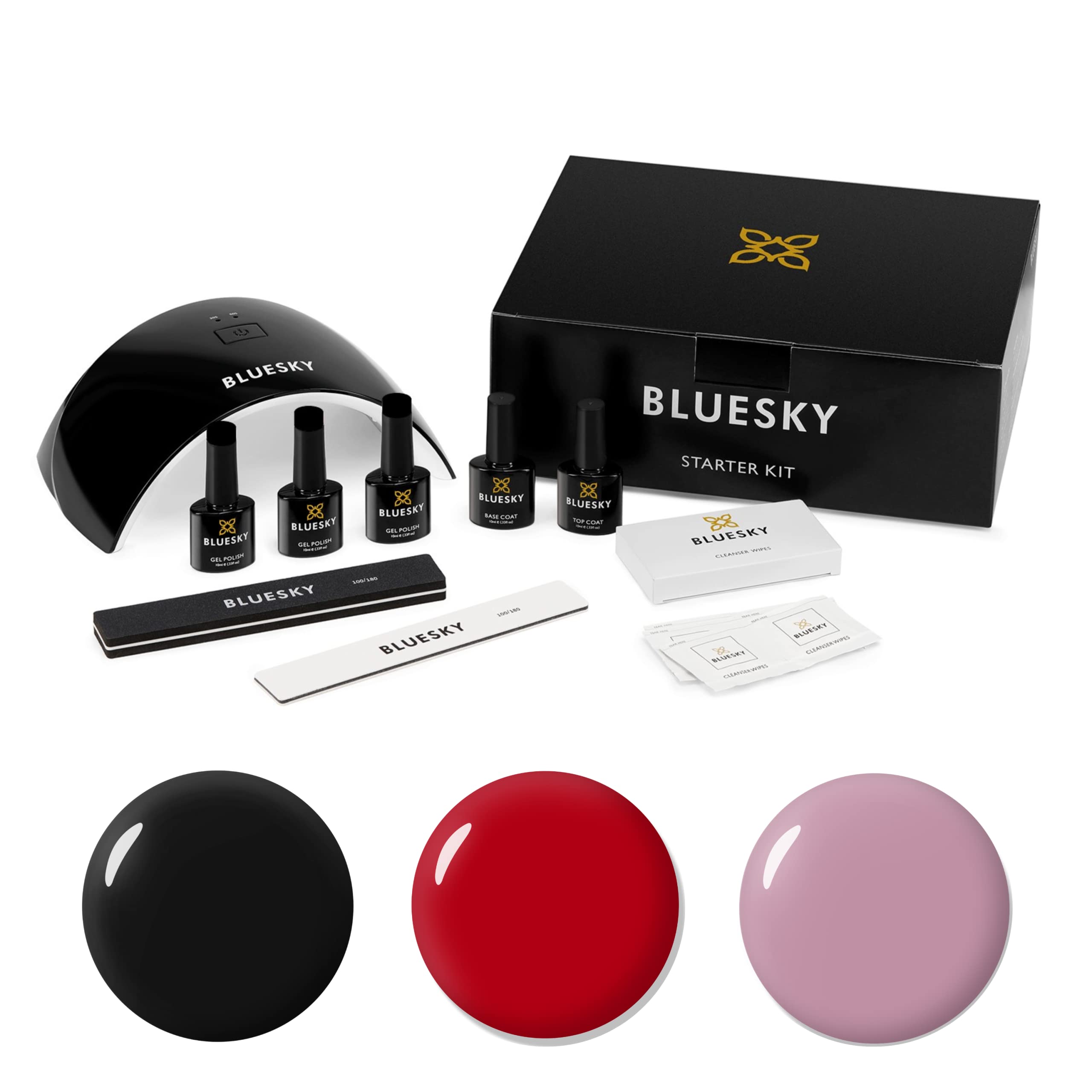 BLUESKY UV/Gel-Starter-Set mit LED-Lampe, Reinigungstücher, Nagelfeile, Überlack, Unterlack und den 3 Farben