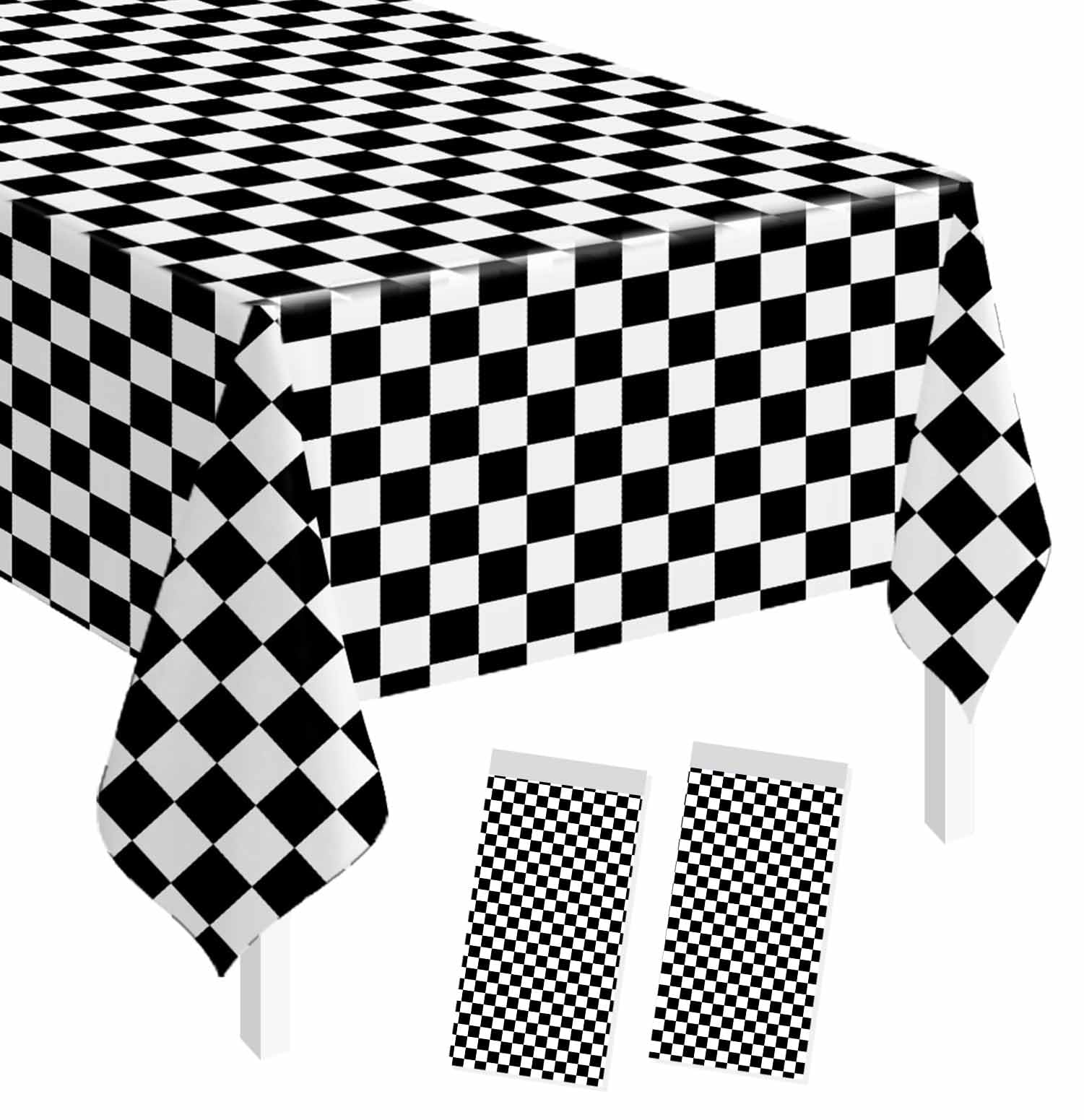 SietDESEO 2 Pack Checkered Tablecloth Plastic Rectangle 54 x 108 Black and White Checkered Flag Table Cloth Disposable Plaid Table Cover for Race Car Birthday Baby Shower Picnic Party Supplies