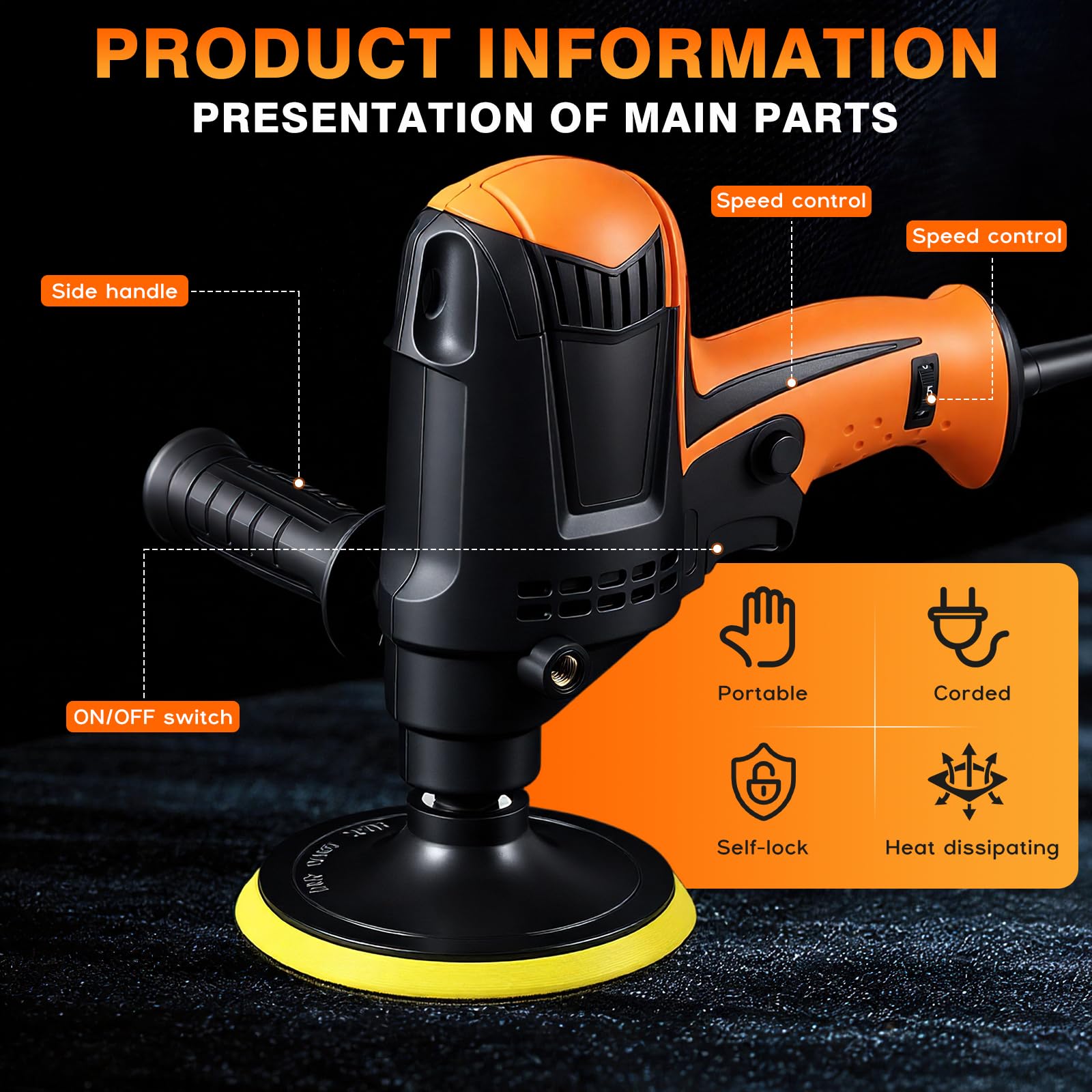 Pulidora Coche, Yaskyly 980W Máquina de Pulir Máquina Pulidora, 6 Velocidades Variables, 850-3200RPM, Mango Lateral, Kit de Esponja de Pulido 125mm, para Coche, Muebles, Motocicletas