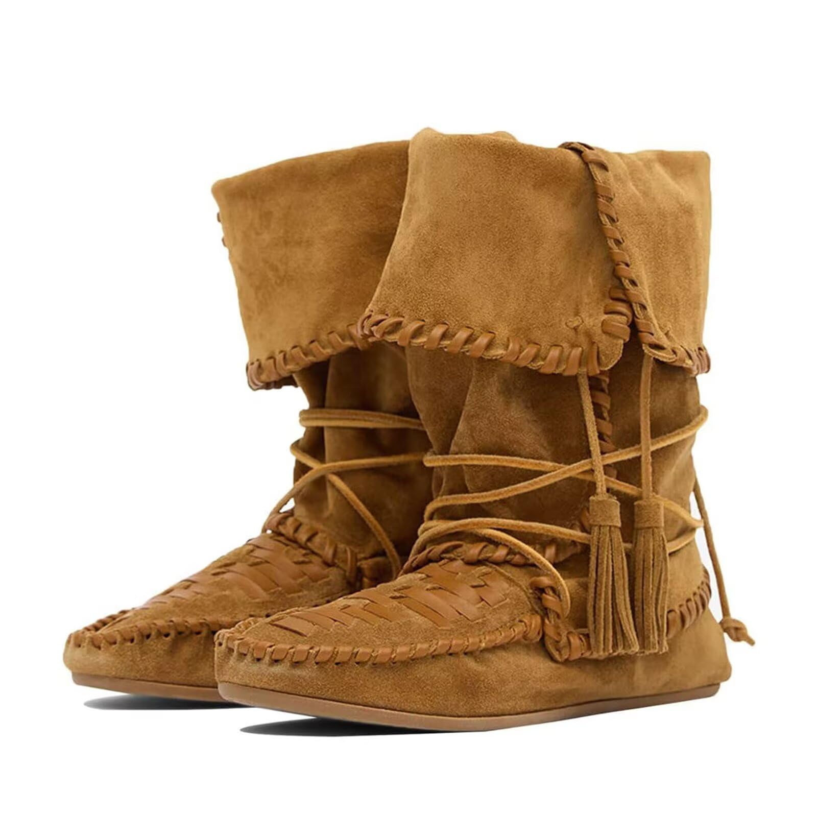 Agodor Suede Fold Over Boots for Women - Slouchy Boho Mid Calf Boots with Woven Fringe Western Cowboy