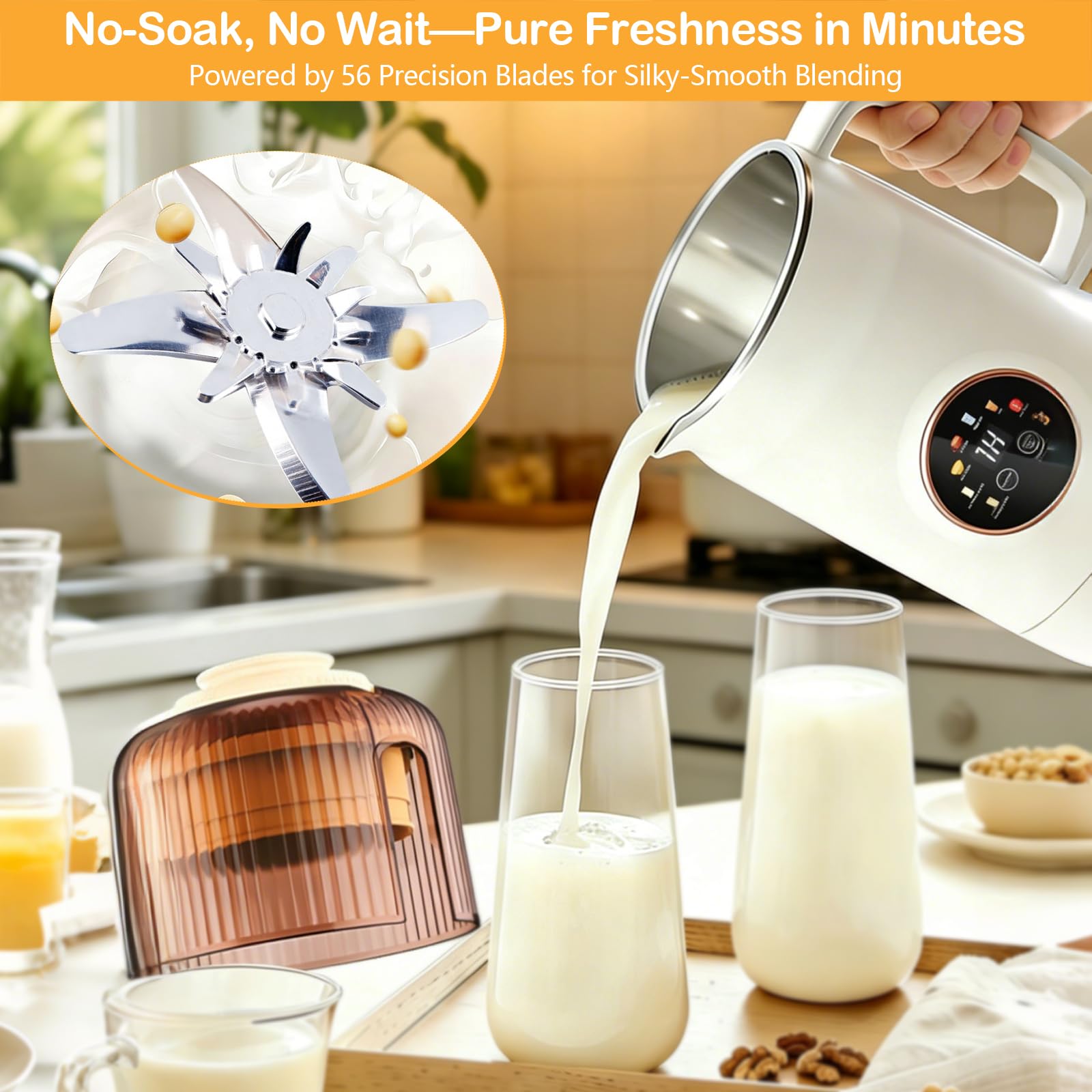 Macchina per Latte Vegetale 1200 ml con Autopulizia, Ideale per Latte di Mandorla, Latte di Soia & Smoothie, Motore ad Alte Prestazioni con Riduzione del Rumore, Senza BPA con Ricettario