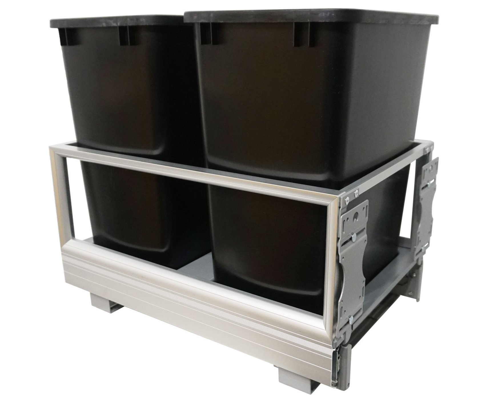 5149-18DM-218 - Double 35 Qt. Pull-Out Brushed Aluminum and Black Waste Containers with Rev-A-Motion