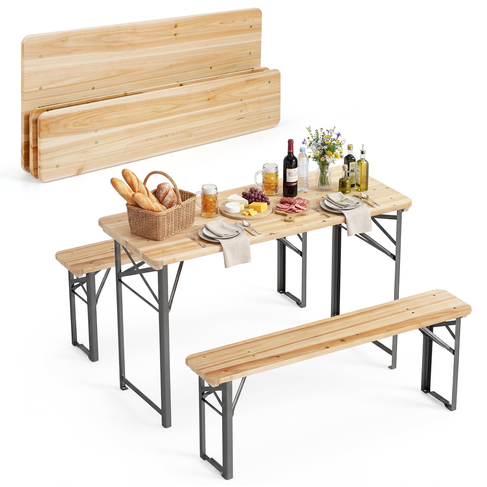 COSTWAY Conjunto de Mesa y 2 Bancos de Exterior, Mesa de Comedor y Bancos Plegables de Madera de Abeto con Estructura Metálica, sin Montaje, Ideal para Acampadas, Picnics, Natural