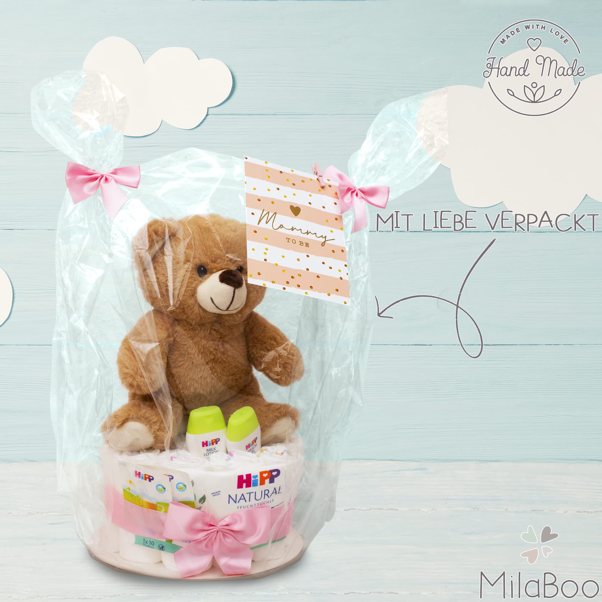 MilaBoo® - Torta di pannolini, blu, da bambino, con un piccolo orsacchiotto morbido, per neonati, torta con pannolini e prodotti