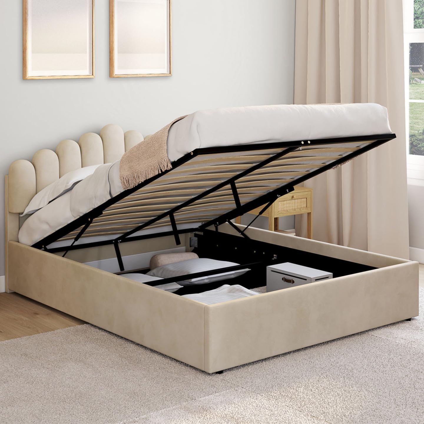 IDMarket - Lit Coffre Double NOELIE 140 x 190 cm Velours Beige