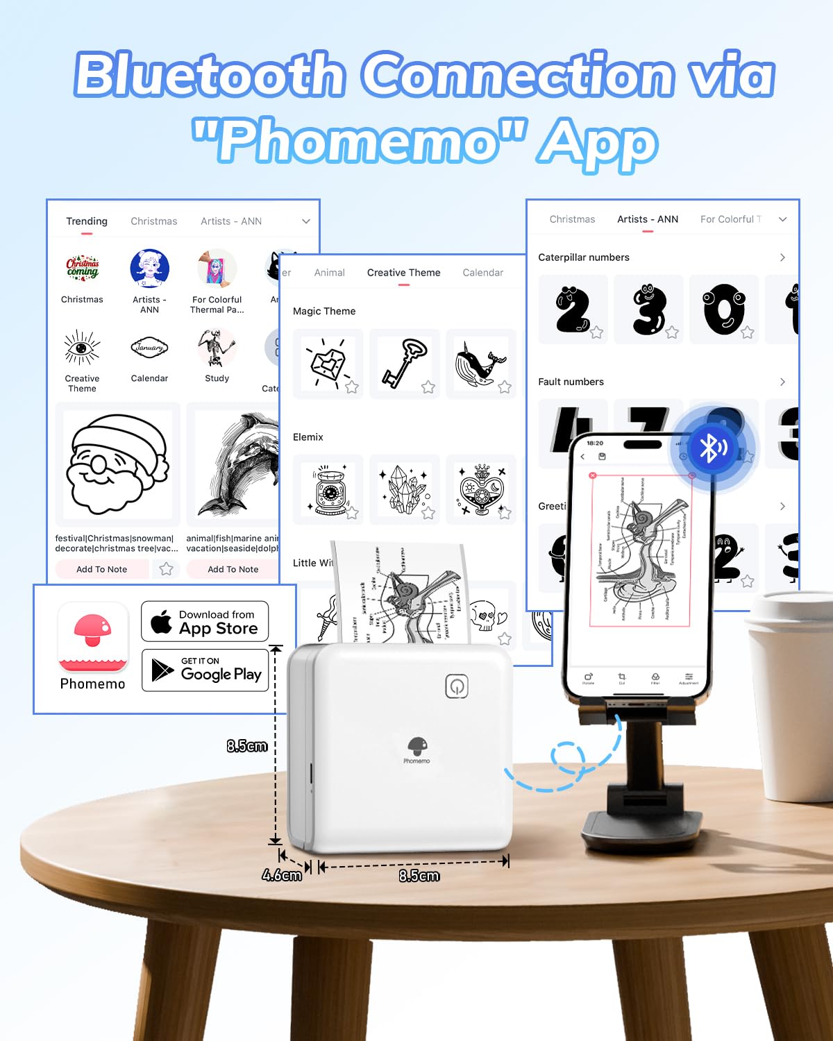 Phomemo P2S Mini Drukarka Fotograficzna, Mini Drukarka Bluetooth, Przenośna Drukarka Termiczna 300 dpi z 3 Rolkami Papieru, Kompatybilna z iOS i Androidem, do zdjęć, zdjęć, prezentów