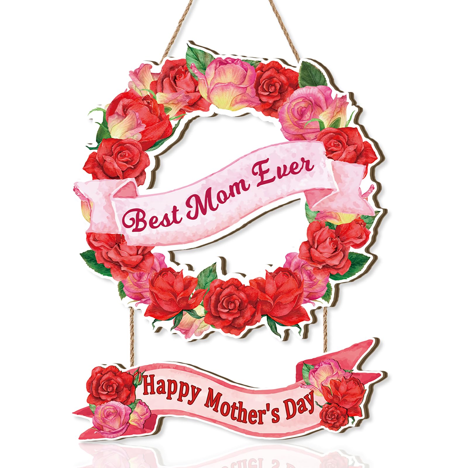 ANHUIB Happy Mothers Day Sign,Welcome Mother's Day Wreath,Best Mom Ever Sign,Pink Flower Red Rose Wall Plaque for Mama Grandma Woman Present,Gift for Mom Birthday Decoration for Living Room Office — image 1