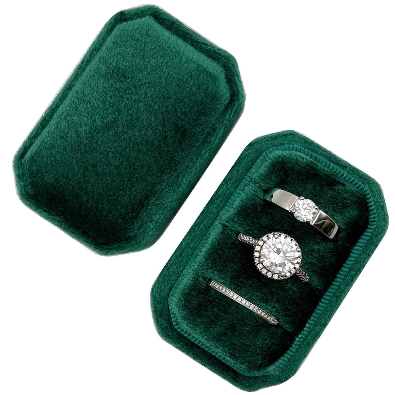 Octagonal Rectangle Velvet Ring Box 3 Slots - Premium Handmade Wedding Three Rings Bearer Holder Vintage Orthogon Jewelry Storage for Ceremony Proposal Engagement (Emerald)