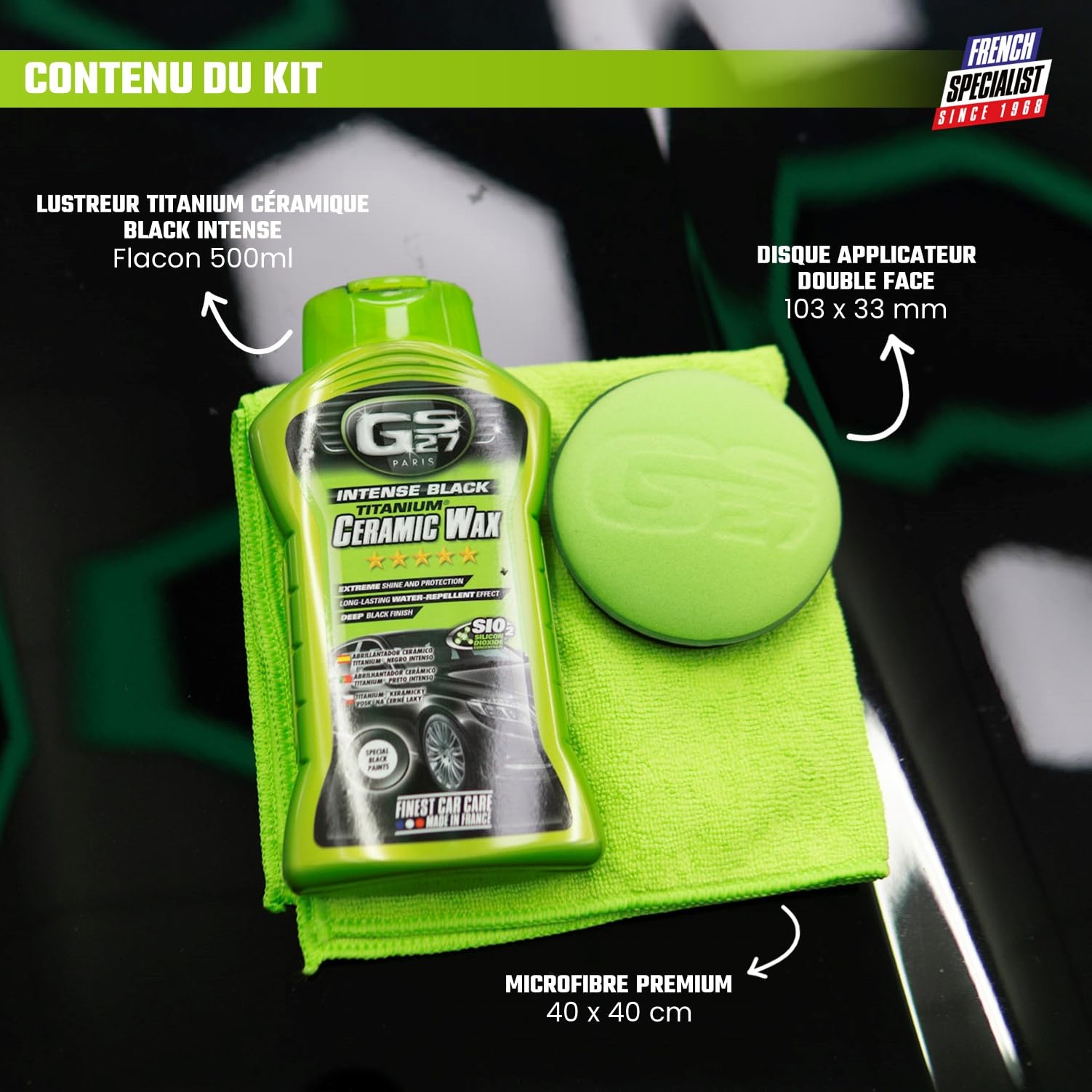 GS27 - Lustreur Carrosserie Titanium Céramique Noir Intense - Produit d’Entretien Automobile - Brillance instantanée - sans rinçage - 500 ML