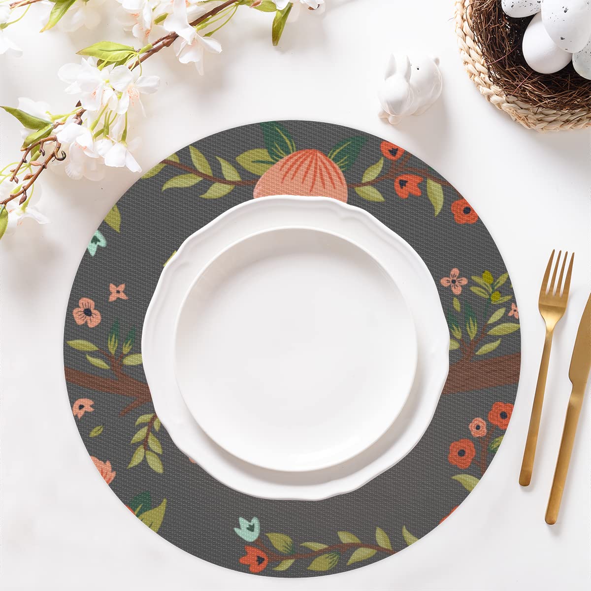 Tovaglietta rotonda con fiori di bradipo Set di 6 simpatiche tovagliette a forma di bradipo resistenti al calore, facili da pulire, antiscivolo, in PVC, per cucina e pranzo