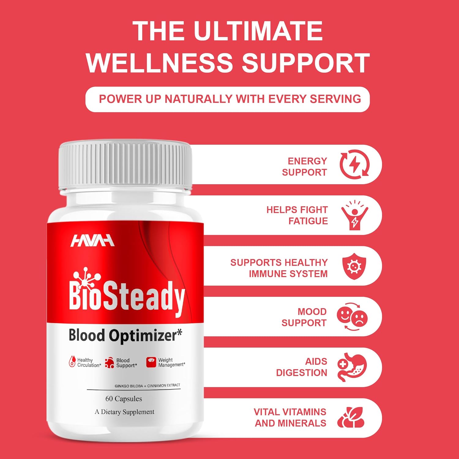 Havah BioSteady Blood Optimizer Advanced Daily Multivitamin Health Support and Natural Wellness Supplement Formula, Bio Steady Premium Health and Wellness Support Formula (1 Pack - 60 Capsules)