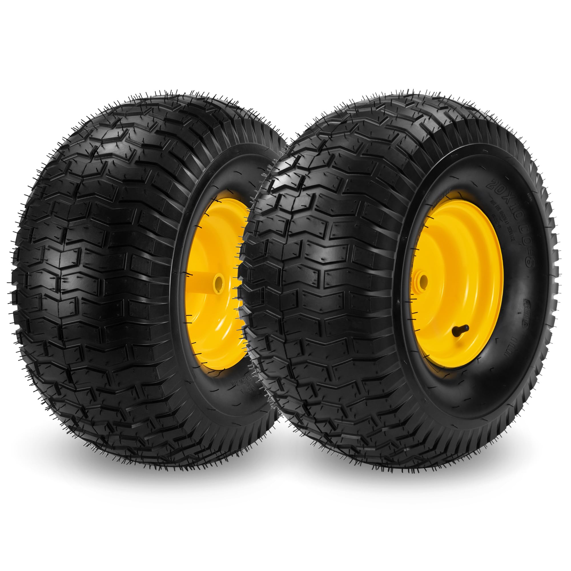 2PC 20x10.00-8 Tubeless Tires and Wheels for Riding Mowers, Lawn Tractors, & Garden Equipment, 10" wide tires, 3/4" Bore, 3.5" Offset Hub, 4-Ply Construction, Anti-Slip & Durable for Heavy-Duty Use.