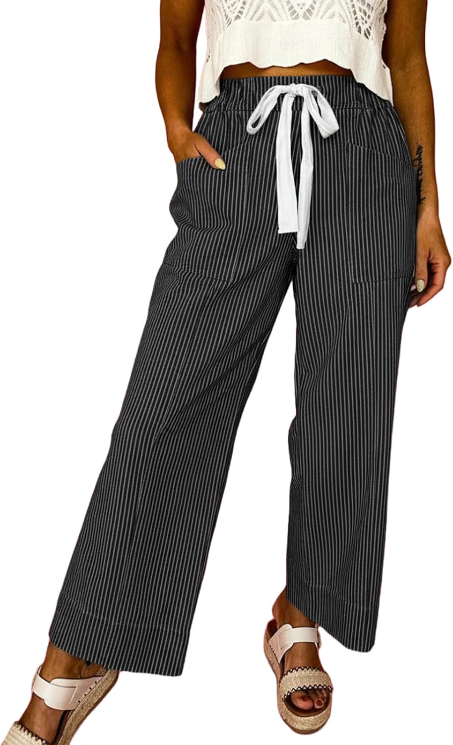 Acelitt Women Elastic Waist High Striped Pants, S-XXL