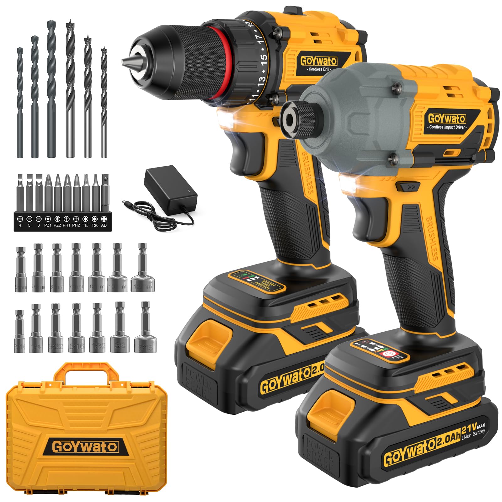 Trapano Avvitatore a Batteria 3/8" 60Nm & Avvitatore a Impulsi 1/4" 300Nm | Combo Trapano Avvitatore a Percussione con 2 Batterie da 2,0 Ah, Caricabatterie Rapido, Set Accessori da 30 Pezzi, uce LED
