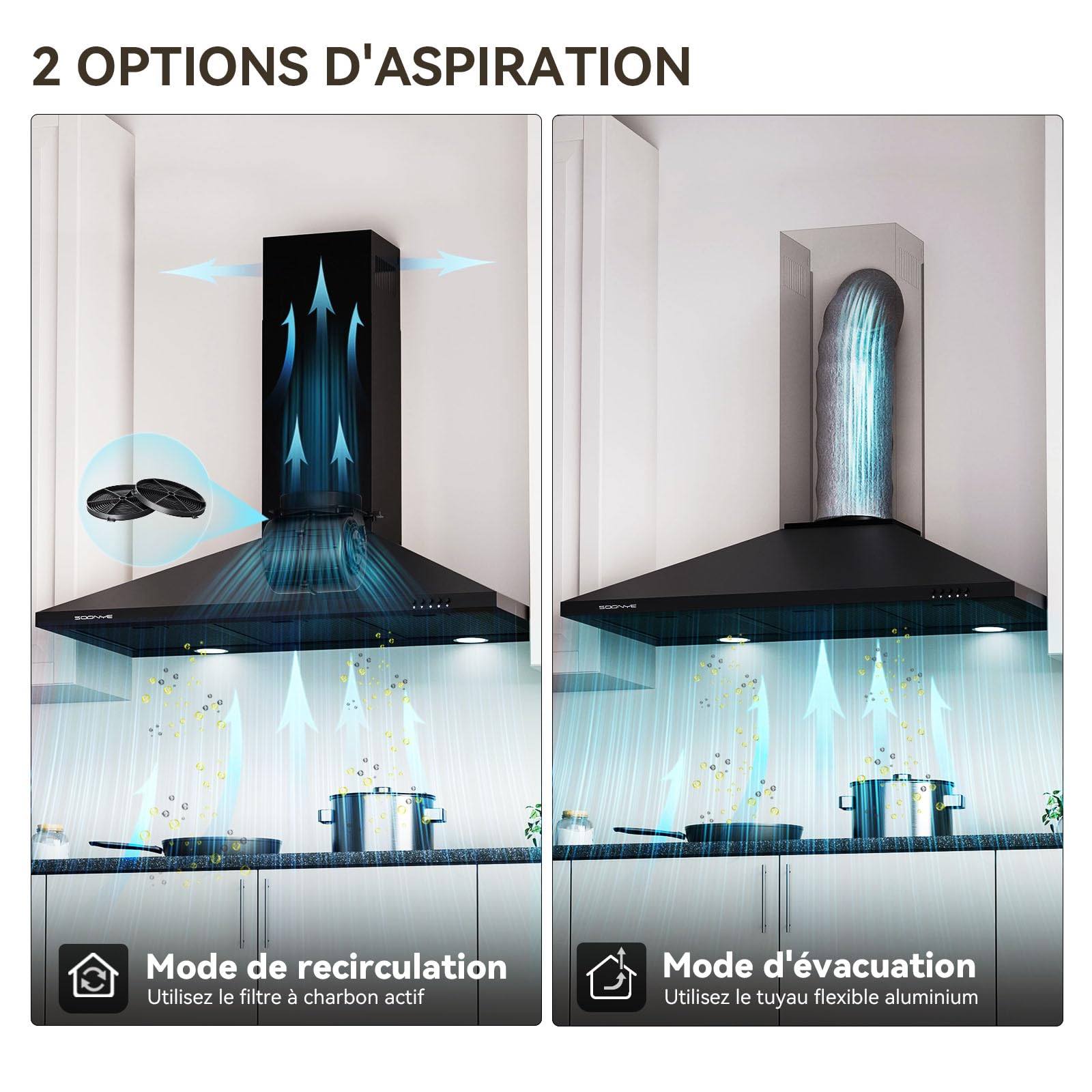 Hotte Aspirante 90 cm Classe A+++, Hotte Cuisine 380m³/h,Évacuation ou Recyclage,Filtre au Charbon Inclus,Cheminée Extensible,Hotte Murale,Noir
