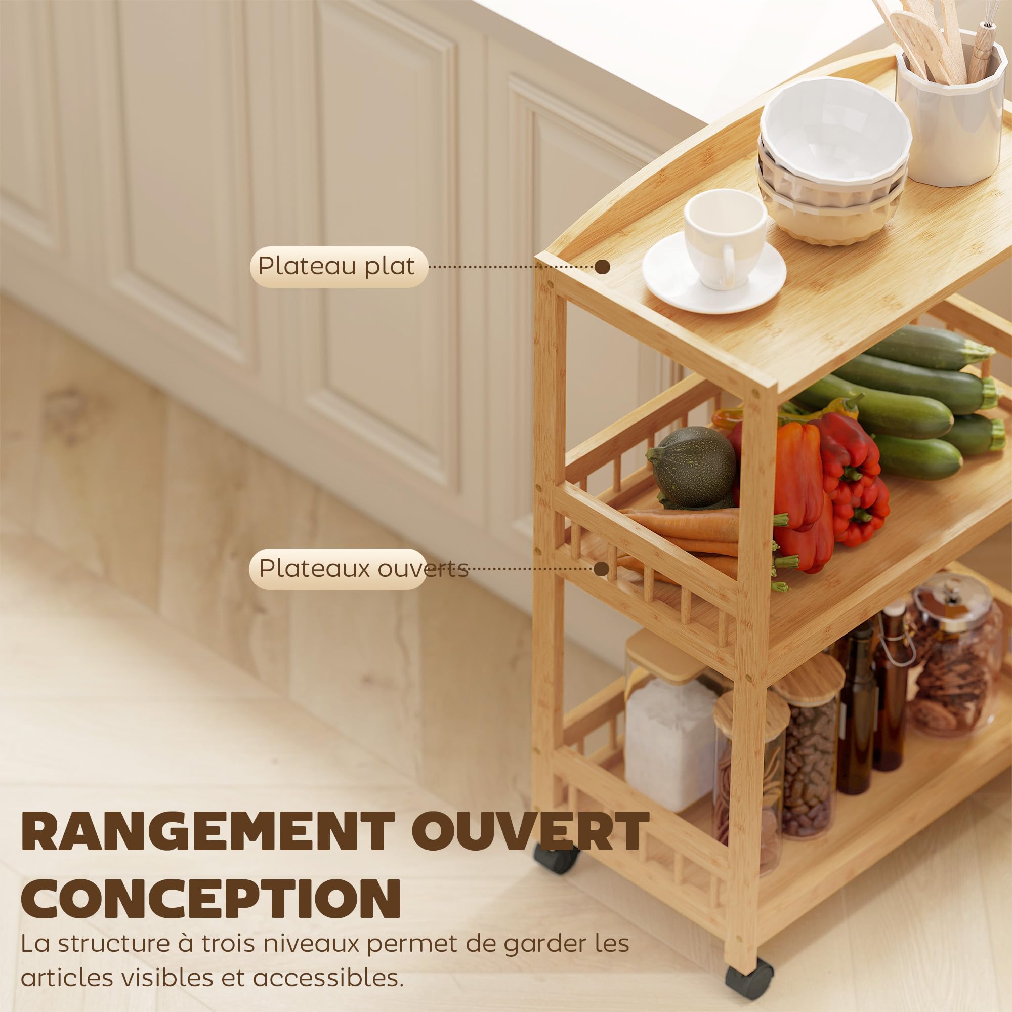 HOMCOM Chariot de Cuisine à 3 Niveaux, desserte à roulettes en Bambou, desserte Cuisine Multifonctionnel pour Chambre, Salon, Bureau, 53 x 30,5 x 83 cm, Bois Naturel