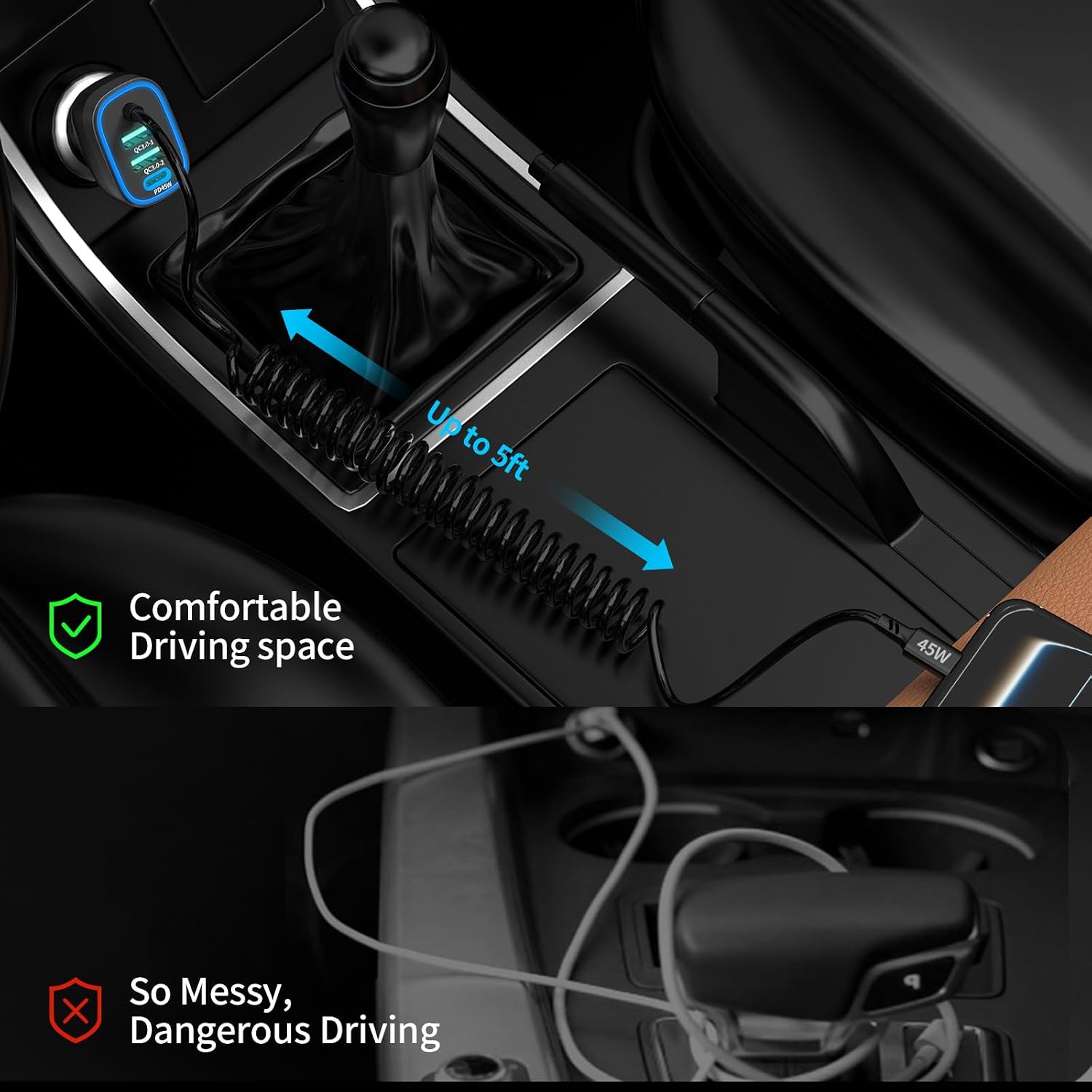 90W USB C Super Fast Car Charger for iPhone 17 Pro Max/Air/16/iPad, Samsung S26, Android Accessories Cigarette Lighter Adapter,[4 in 1]12V Car USB Charger Dual 45W PPS Port with 5ft Type C Coiled Cord