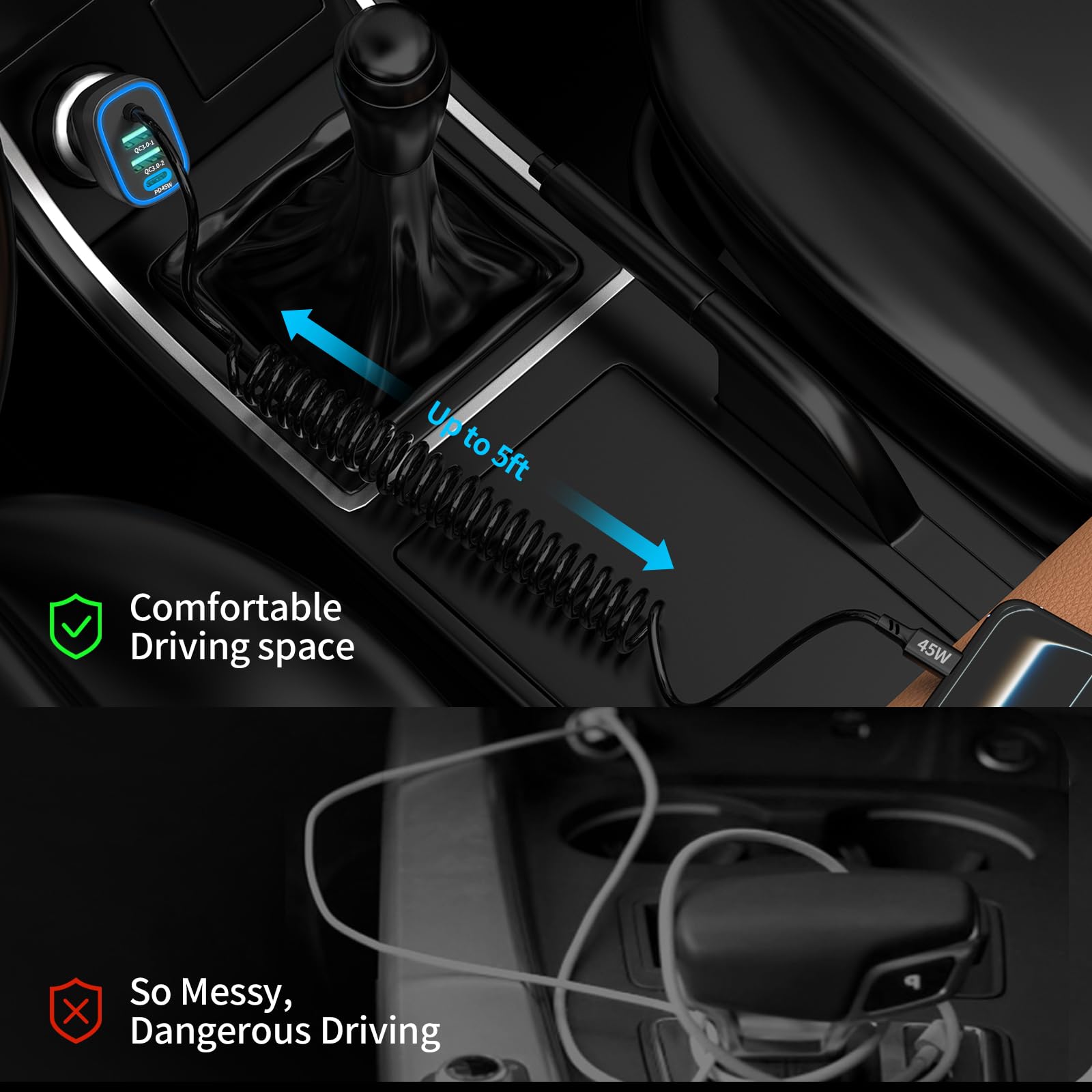Caricabatteria da auto super veloce USB C da 90 W per iPhone 17 Pro Max/Air/16/iPad, Samsung S26, accessori Android, adattatore per accendisigari, [4 in 1] 12 V, doppia porta PPS da 45 W con cavo a