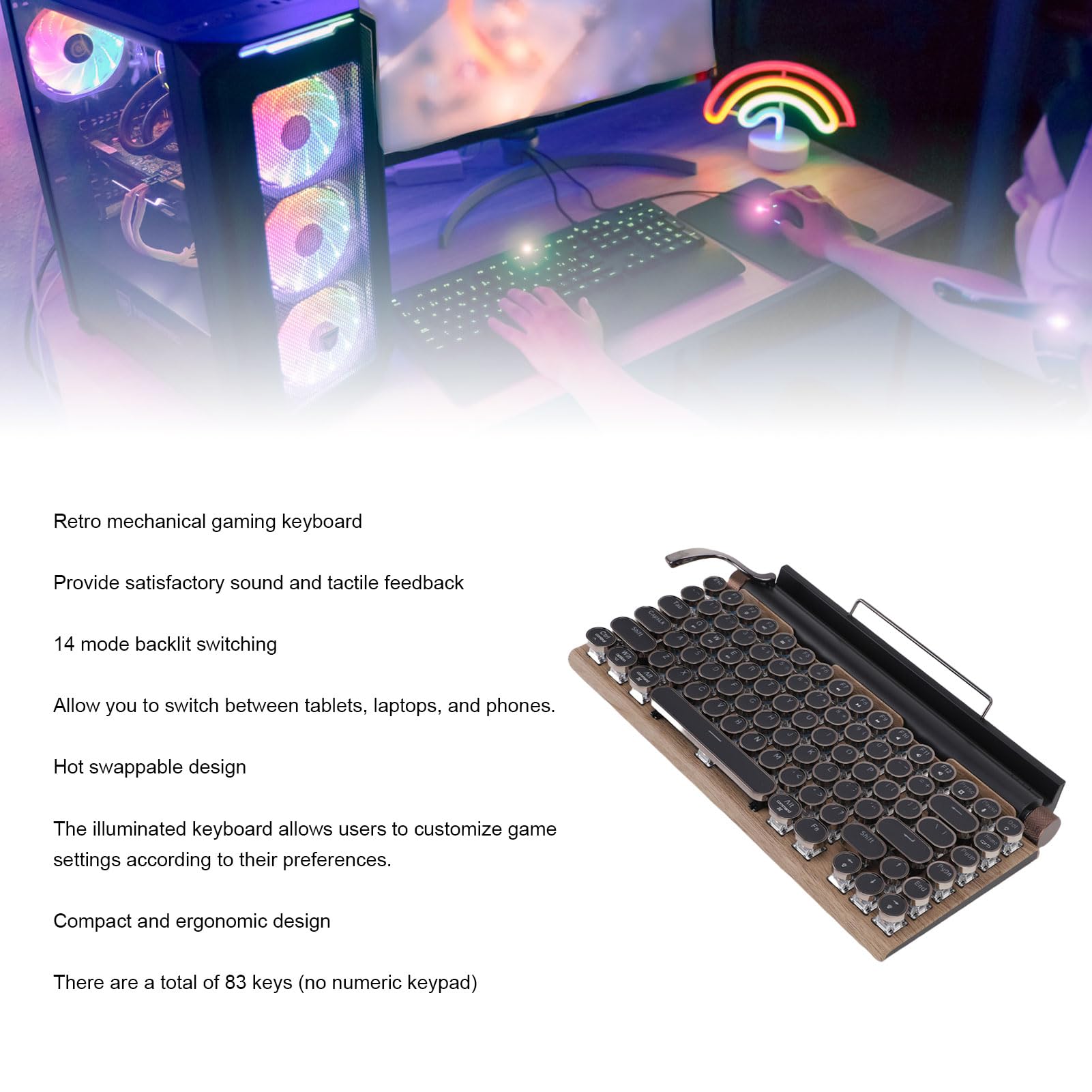 LICAEVEY Tastiera da Scrivere Wireless, Tastiera Meccanica retrò Calda, Tastiera Meccanica di Tastiera Rotonda Bt con 14 modalità Retroilluminata per Telefono Tablet (Colore di legno)