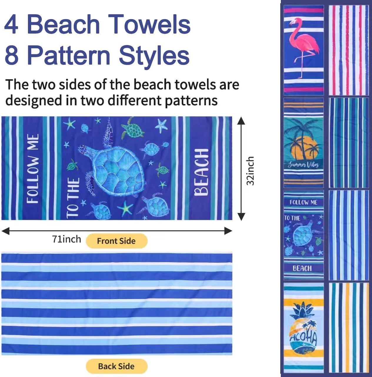 4 Pack Microfiber Beach Towel Fast Drying, Extra Large 71" x 32" Sand Free Beach Towel Super Lightweight Towels for Travel Sports Bath Swimming Pool Camping Picnic Yoga Gym - Image 6
