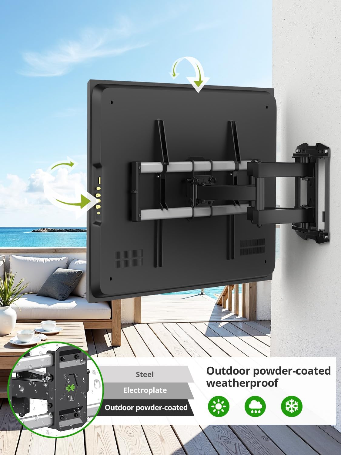 outdoor tv wall mount for 47-90 inch television, mount with swivel and tilt, full motion weatherproof tv bracket with articulating dual arms, max vesa 600x400 mm, 132lbs