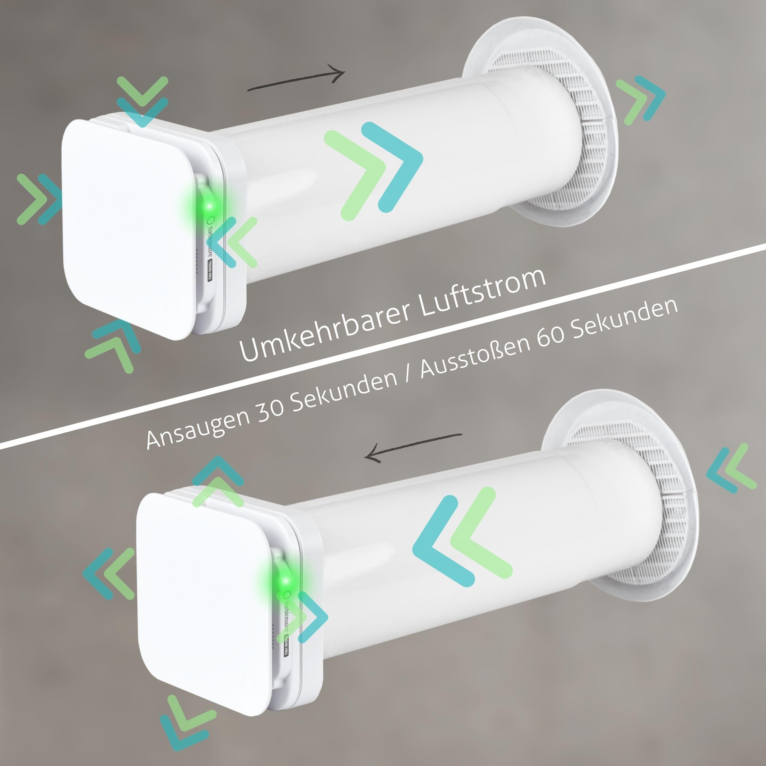 Turbionaire Trend HRV CMV Dezentrale Wohnraumlüftung mit Keramik-Wärmerückgewinnung, Feuchtigkeitssensor,Fernbedienung,Timer, Schlafmodus, 8 Lüftungsstufen, 3 Jahre Garantie, 100 mm