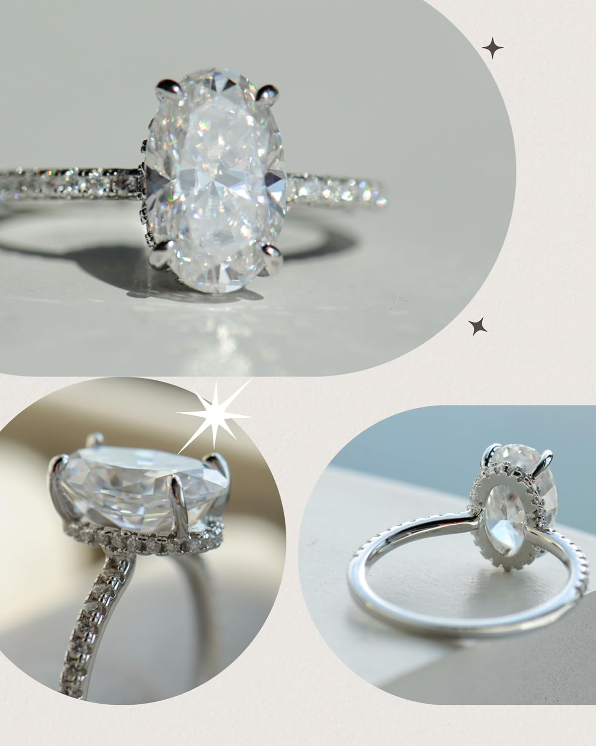 espere 3 Carat Oval Cut Moissanite Engagement Ring with Paved Band and Hidden Halo | 14K Gold Plated Sterling Silver Solitaire Bridal Ring | Anniversary for Her