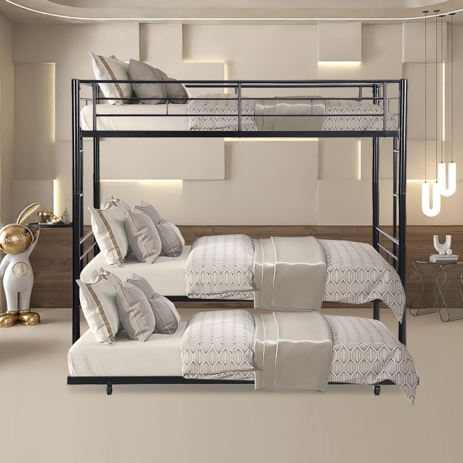 Metal Bunk Bed with Trundle, Twin Over Twin Bunk Bed with Trundle, Metal Bunkbeds with Ladder and Full-Length Guardrail, Noise Free, No Box Spring Needed (Black)