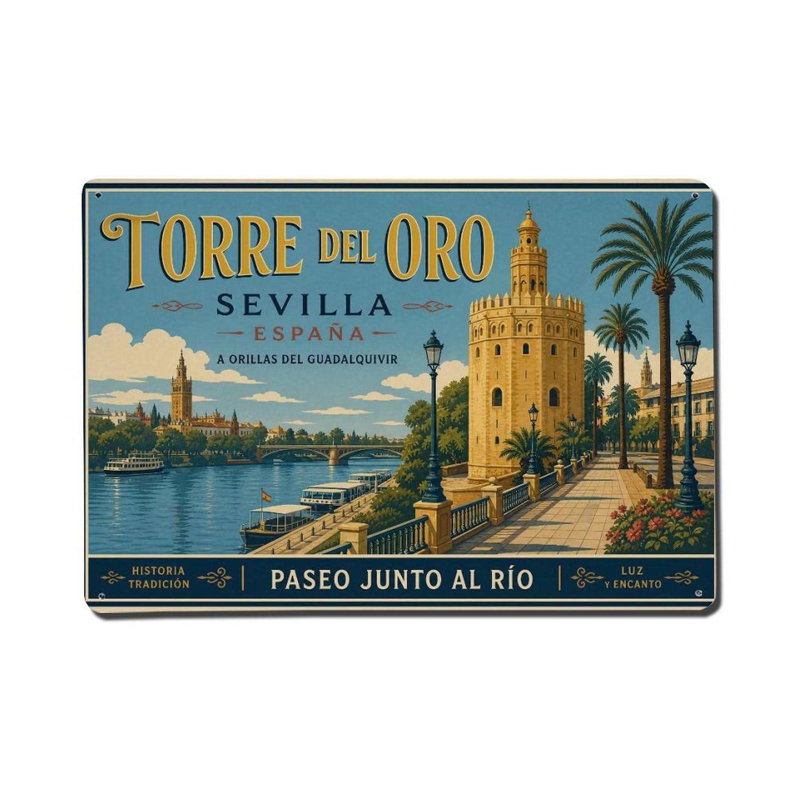 Yrnq 08X12inch Vintage Style Vintage Torre Oro Riverside Promenade Walking Path Spain Metal Tin Sign