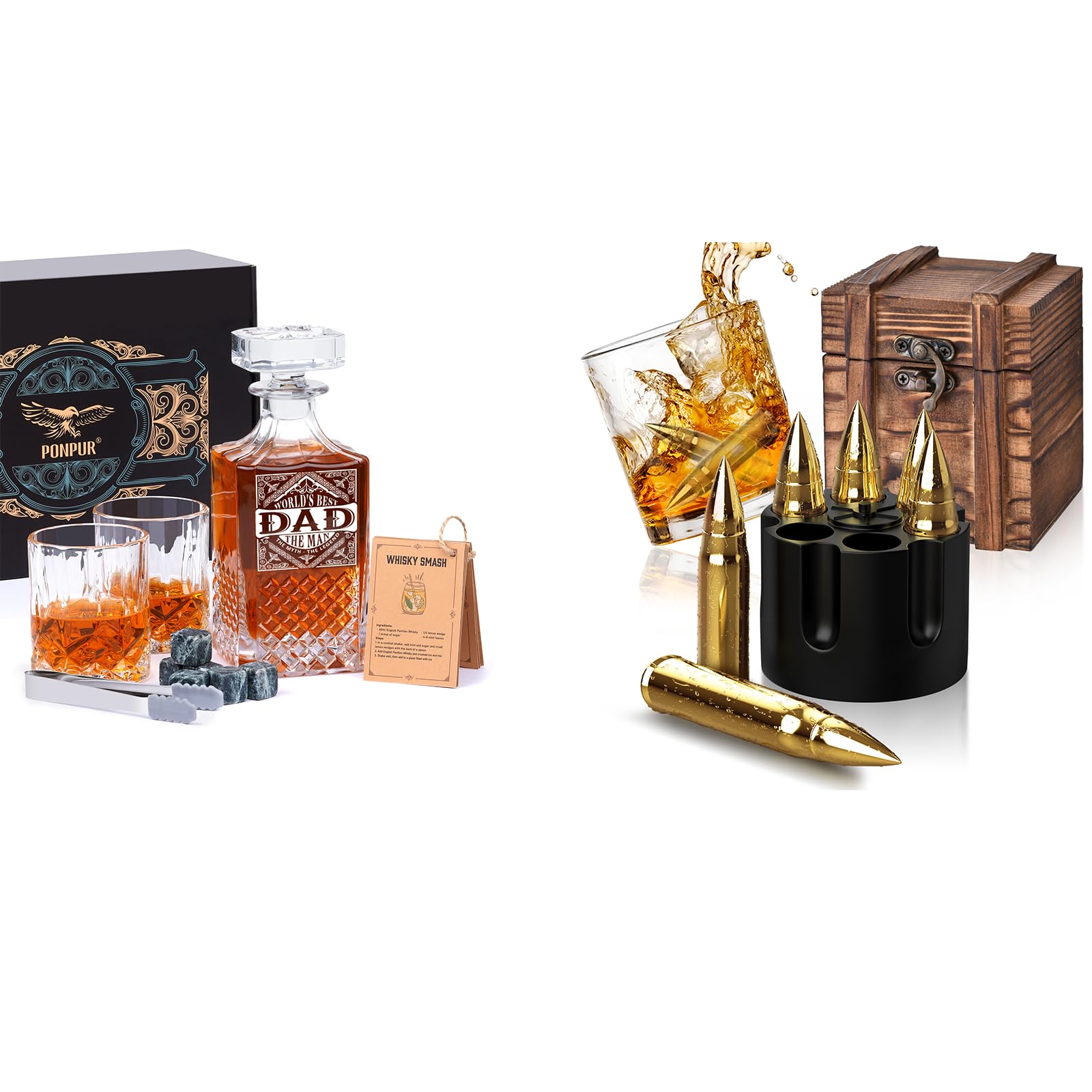 PONPUR Gifts for Men Dad, Whiskey Decanter Set with 2 Glasses Whiskey Stones with Wooden Box, Christmas Stocking Stuffers, Unique Ideas for Him Husband, Cool Bourbon Gadget