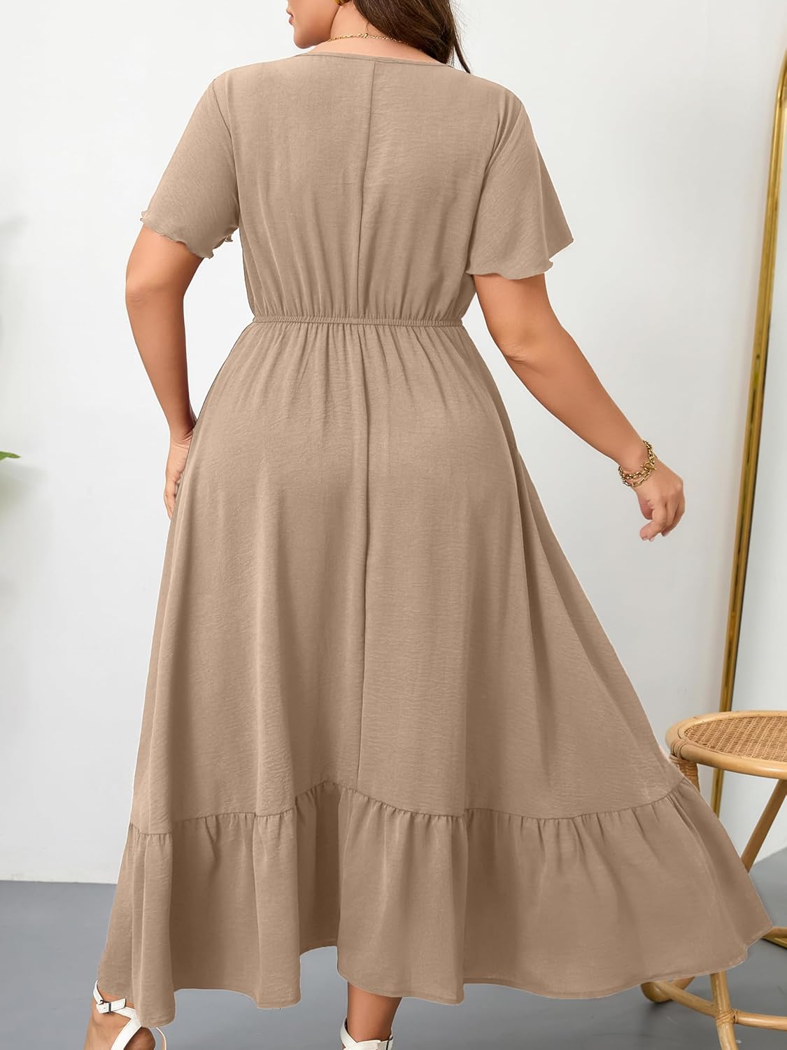 RWJ Women Plus Size Maxi Dress V Neck Short Sleeve Button Trim Split Flowy Tiered Casual Long Dresses 2025 L-3XL - Image 2