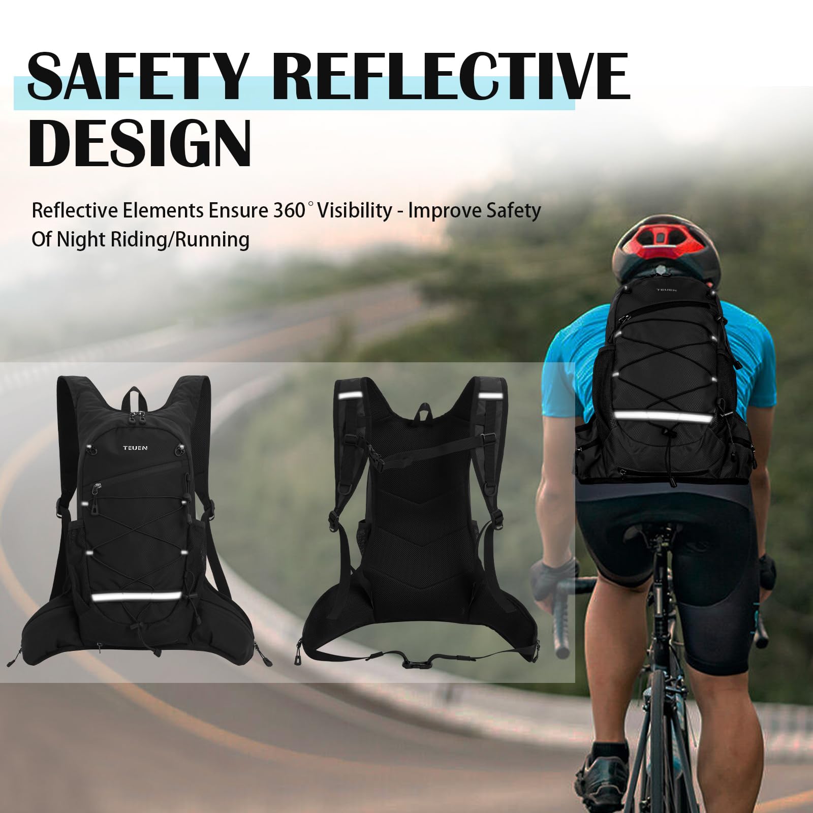 TEUEN Sac à Dos VTT Grande Capacité 10L, Équipé Sac Hydratation (Poche à Eau 2L Reservoir) Sac de Vélo Alpinisme Montagne Sport Course Camping, Sac Trail Running pour Marathon Randonnée