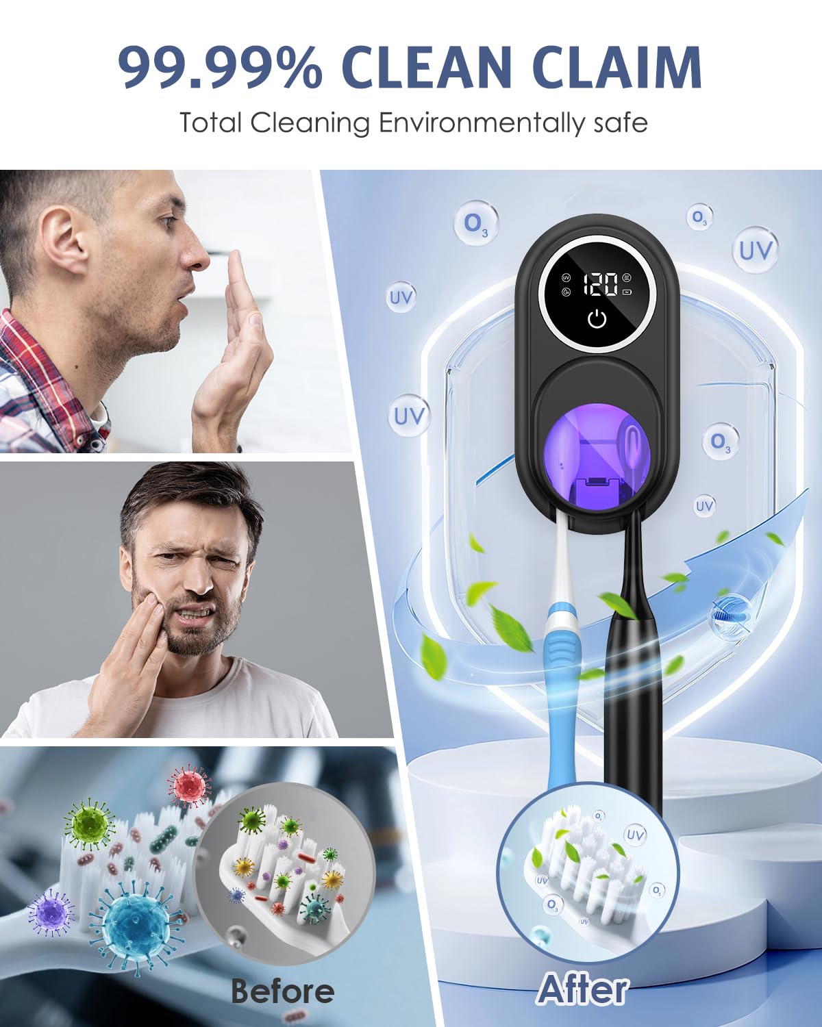 Soporte desinfectante para cepillos de dientes, soporte para cepillo de dientes UV mejorado con modo dual de limpieza y secado al aire, pantalla inteligente LED, cubierta autoinductiva