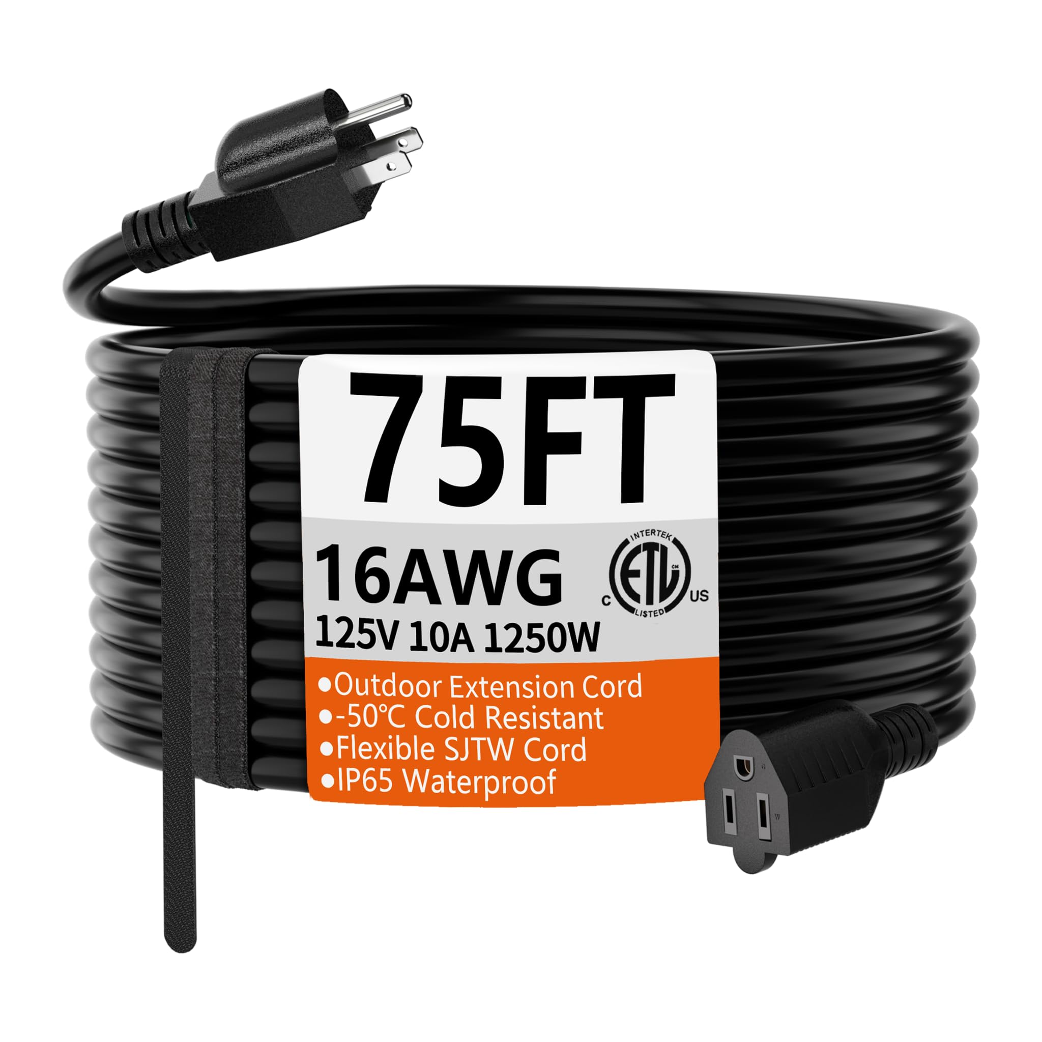 HUANCHAIN Black Extension Cord 75 FT, 16 Gauge, Outdoor Electric Cable
