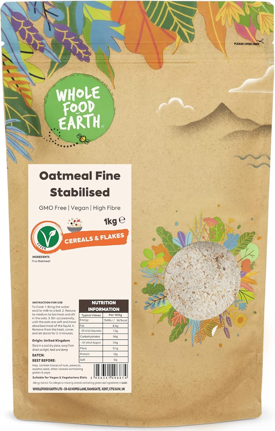 Wholefood Earth Oatmeal Fine Stabilised 1 kg GMO Free High Fibre